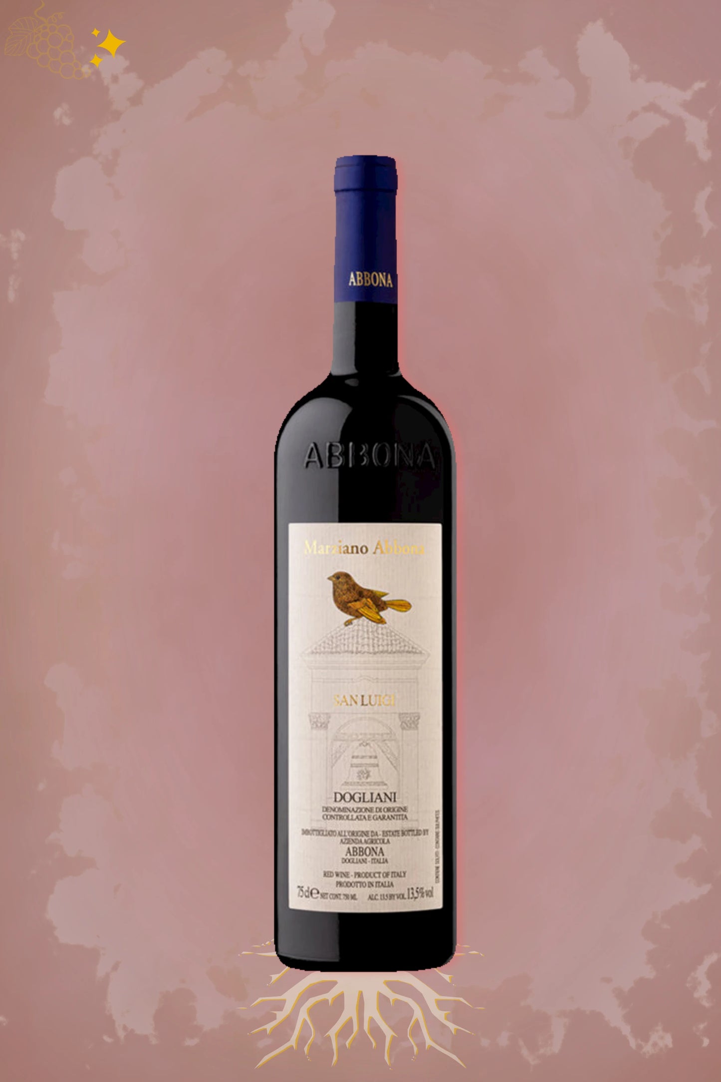 Fles Marziano Abbona San Luigi Dogliani 2023, Dolcetto uit Piëmont, tegen bordeauxrode achtergrond.