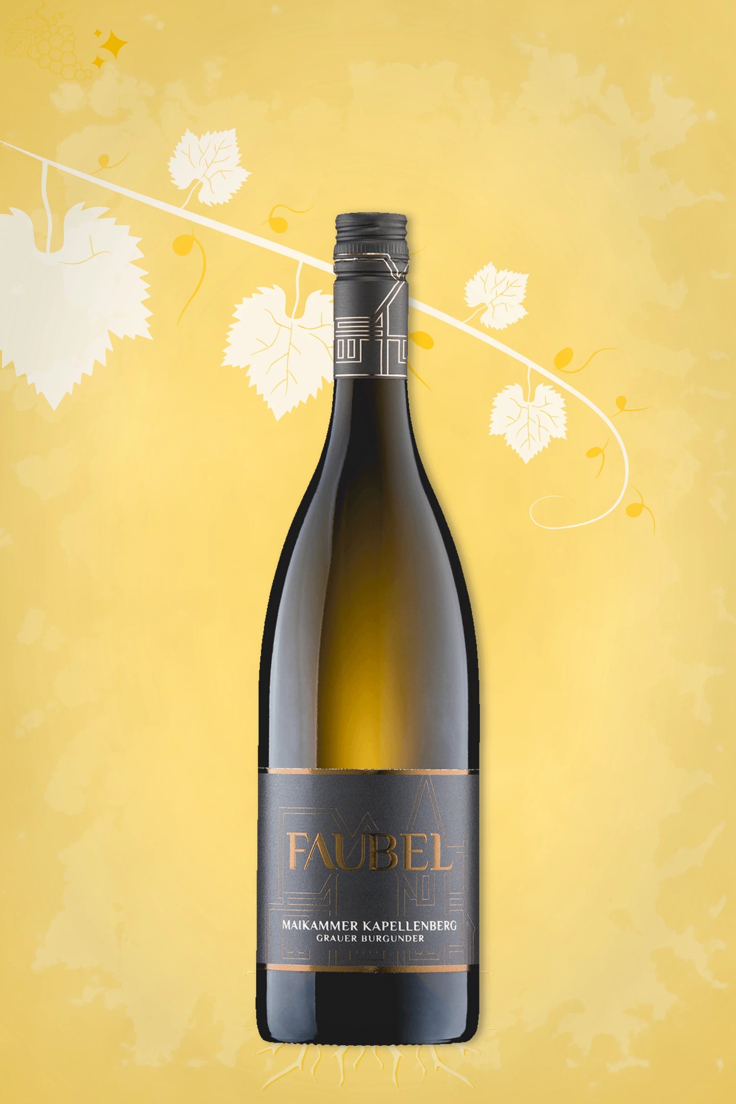 Fles Grauer Burgunder 2021 van Weingut Faubel uit Maikammer Kapellenberg, met goudkleurige achtergrond.