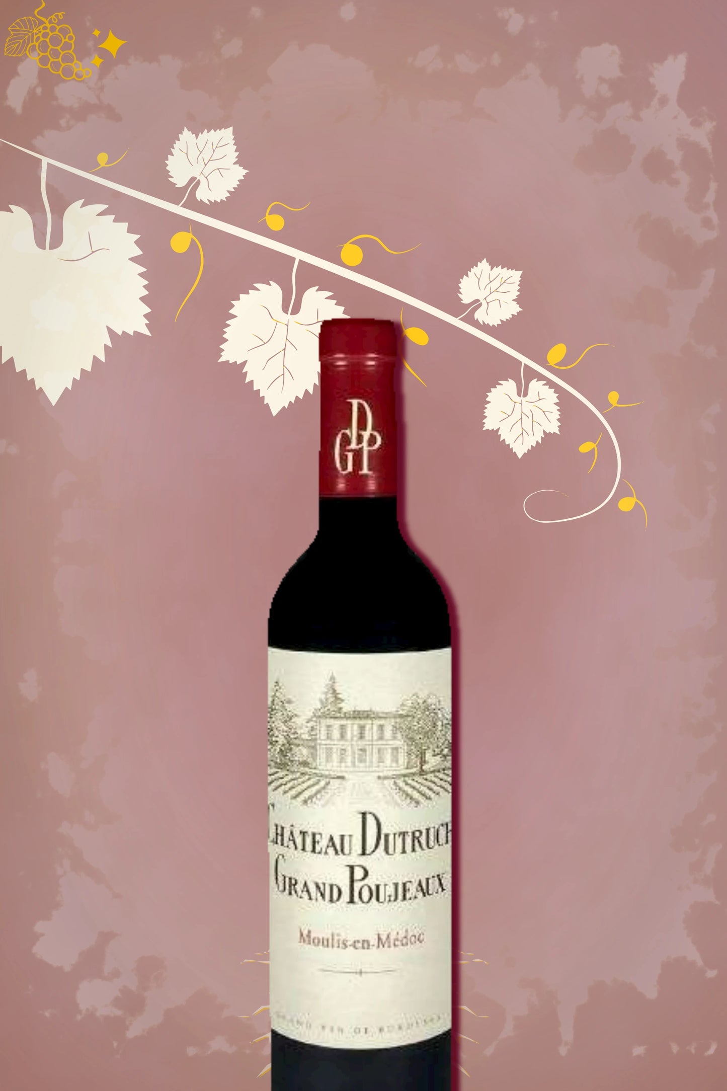 Halve fles rode wijn Château Dutruch Grand Poujeaux Moulis 2019 uit Bordeaux, 37,5 cl, met etiket op neutrale achtergrond.