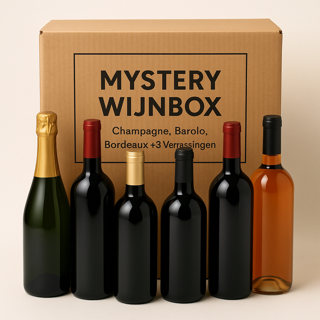 Premium Mystery Wijnbox – Champagne, Barolo, Bordeaux + 3 Verrassingen