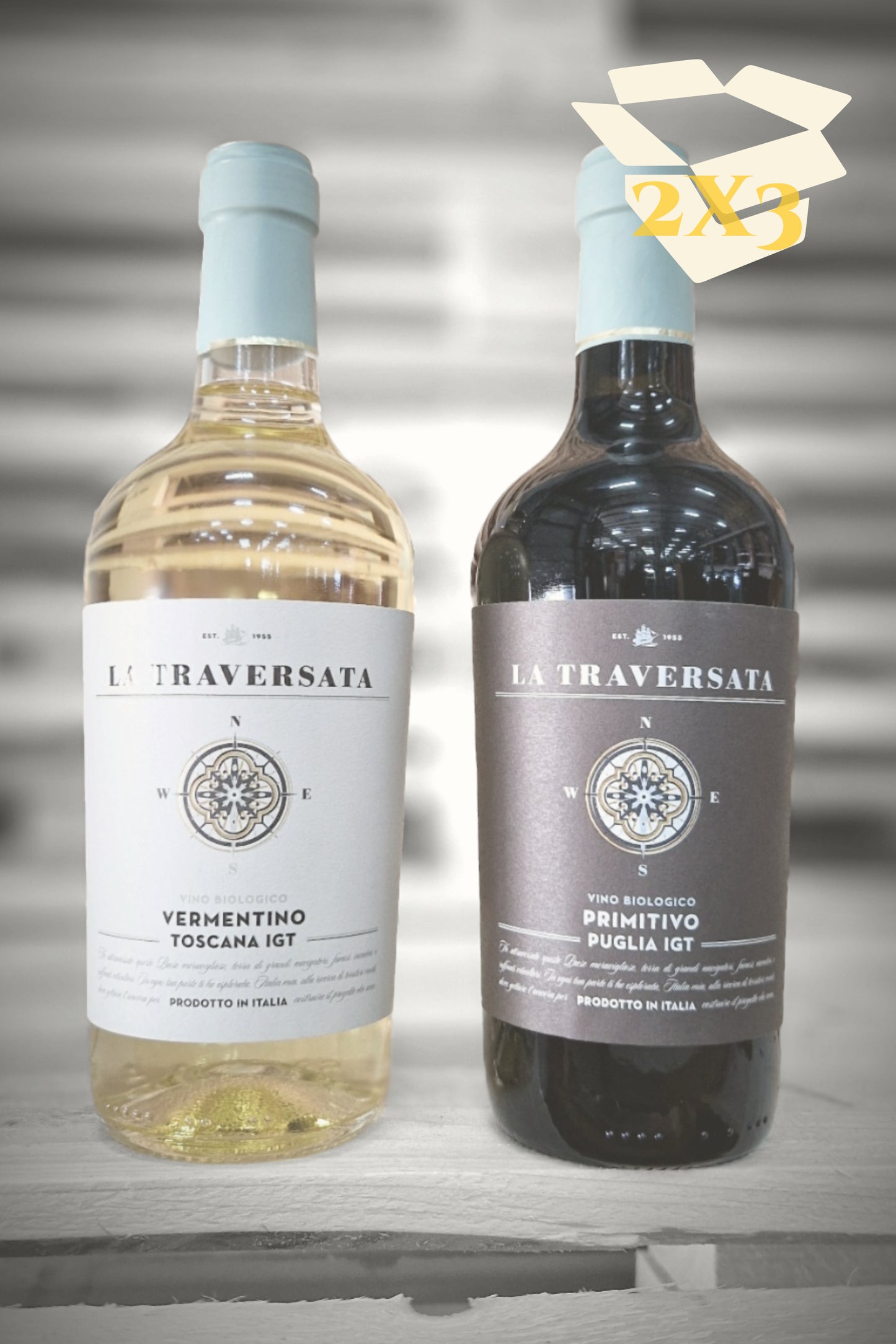 Beige overlay met doos-icoon over zes flessen Corvezzo (3× Vermentino, 3× Primitivo) tegen vervaagde achtergrond – Mixdoos I