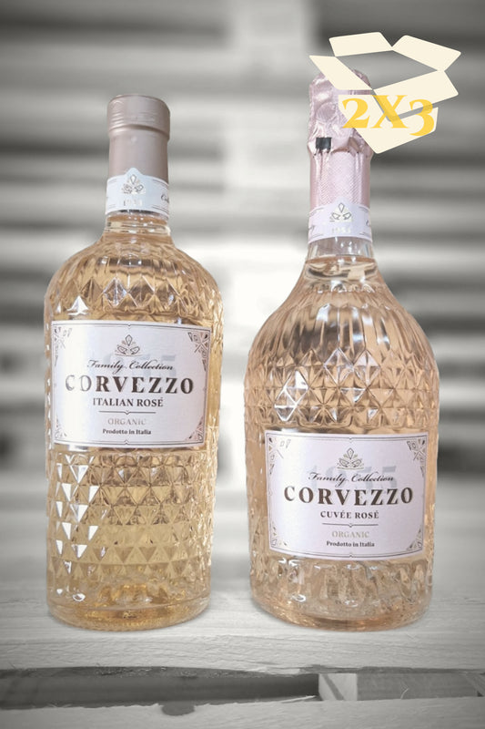 Beige overlay met doos-icoon over zes flessen Corvezzo (3× Rosé Bubbel, 3× Rosé) tegen vervaagde achtergrond – Mixdoos K