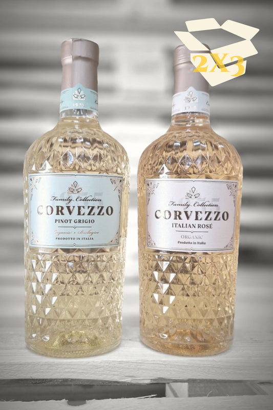 Beige overlay met doos-icoon over zes flessen Corvezzo (3× Pinot Grigio, 3× Rosé) tegen vervaagde achtergrond – Mixdoos L