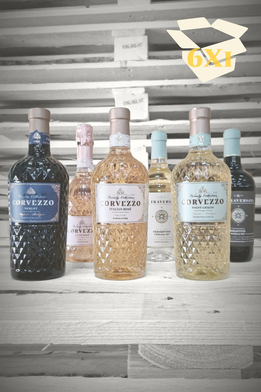 Beige overlay met doos-icoon over zes flessen Corvezzo (1× elk van Pinot Grigio, Rosé, Merlot, Rosé Bubbel, Vermentino, Primitivo) tegen vervaagde achtergrond – Mixdoos M