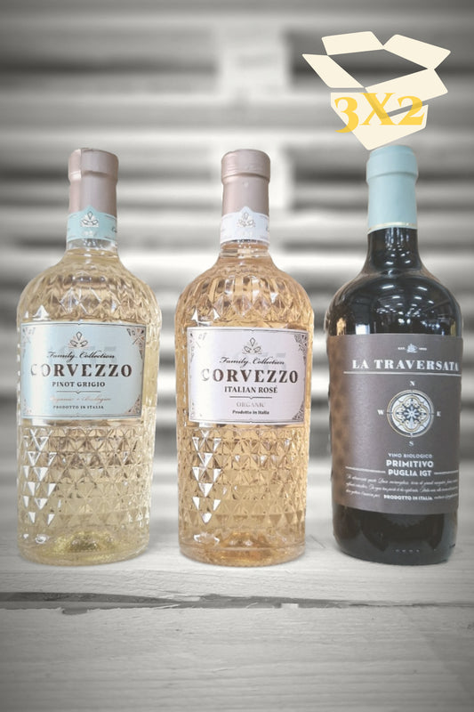 Beige overlay met doos-icoon over zes flessen Corvezzo (2× Pinot Grigio, 2× Rosé, 2× Primitivo) tegen vervaagde achtergrond – Mixdoos N