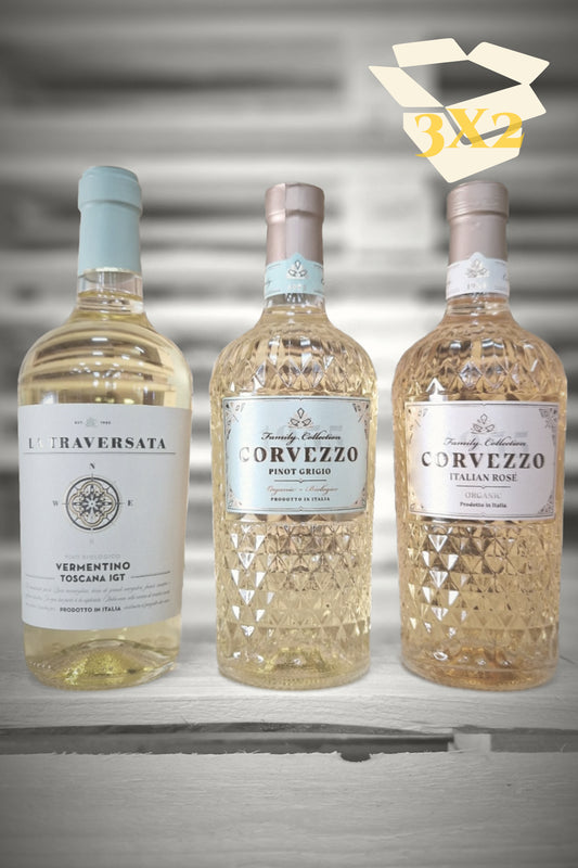 Beige overlay met doos-icoon over zes flessen Corvezzo (2× Pinot Grigio, 2× Vermentino, 2× Rosé) tegen vervaagde achtergrond – Mixdoos O