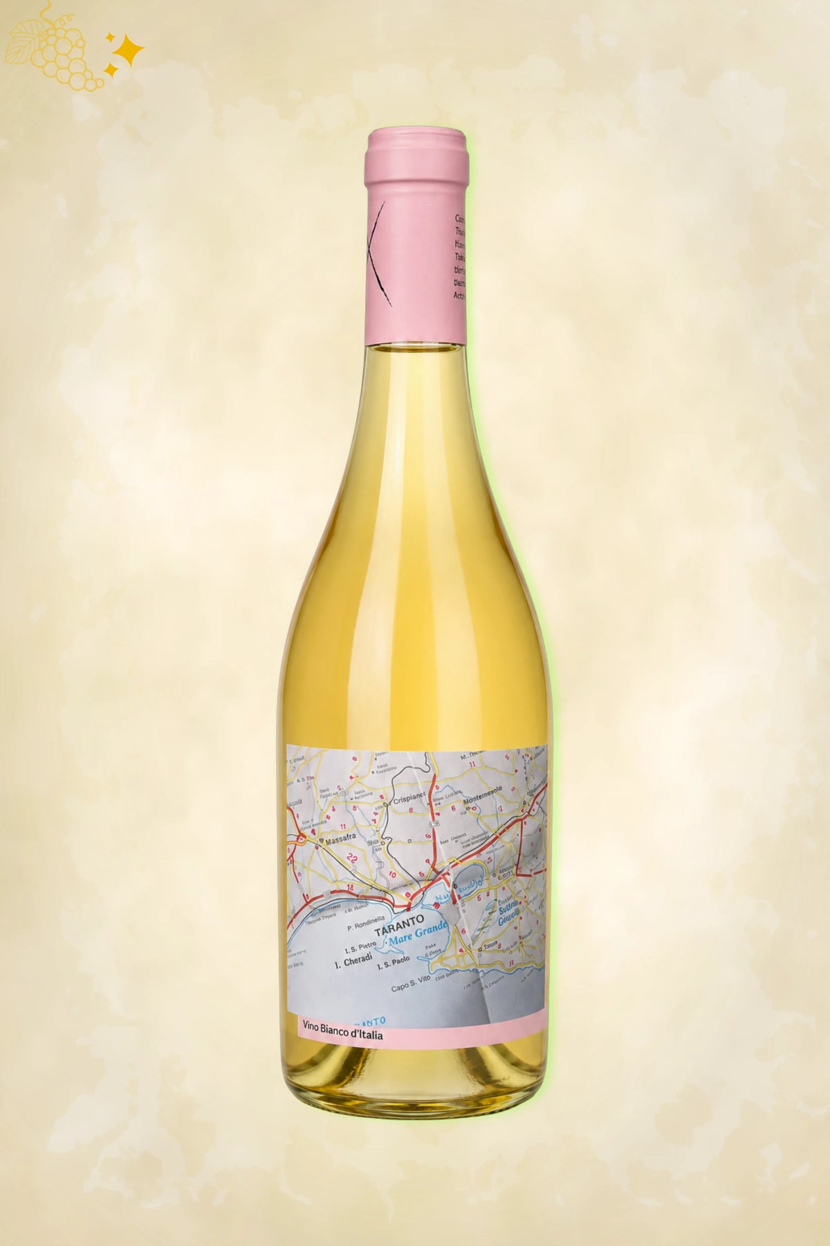 Fles Campi Deantera Campo Minimo Bianco 2024 met etiket van de landkaart van Taranto.