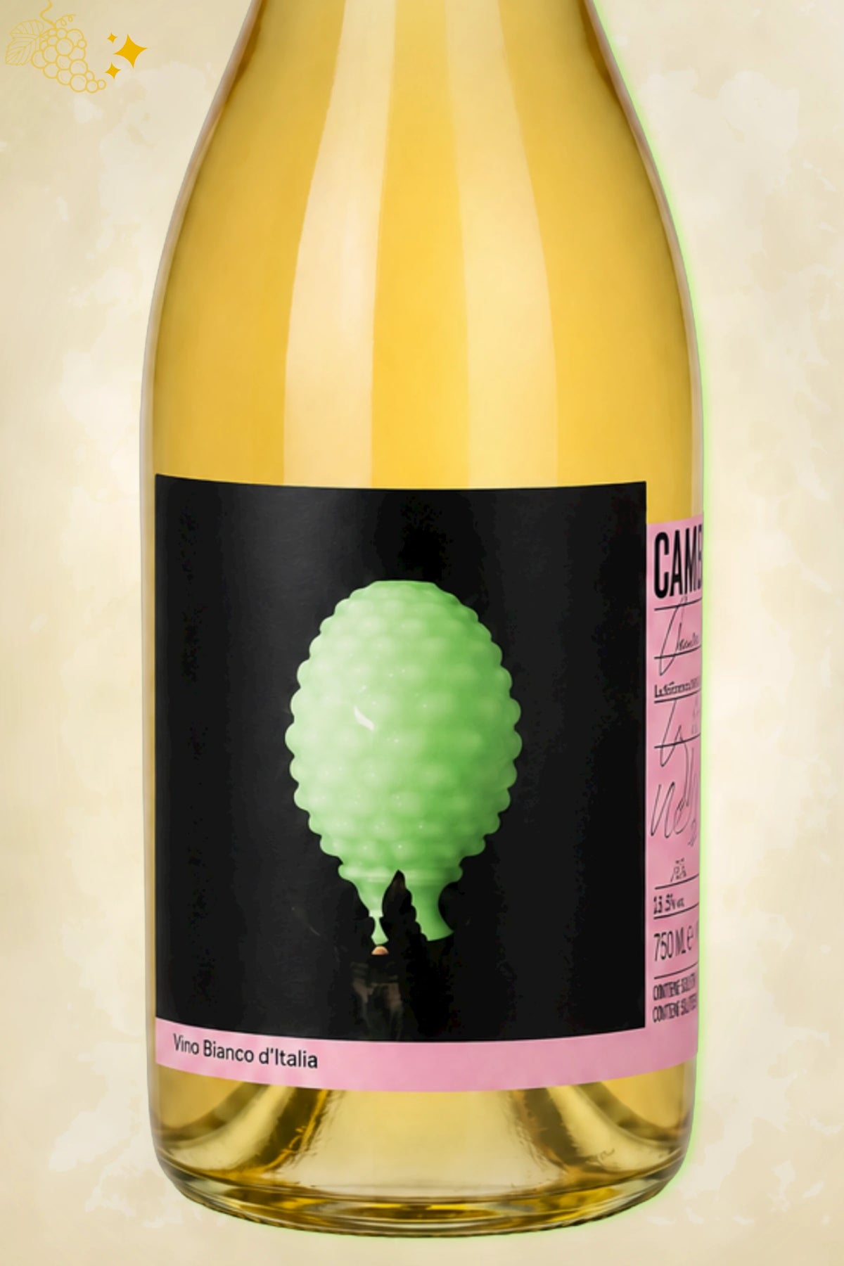 Close-up etiket Campi Deantera Campo Minimo Bianco 2024: groen keramiekornament op zwart.