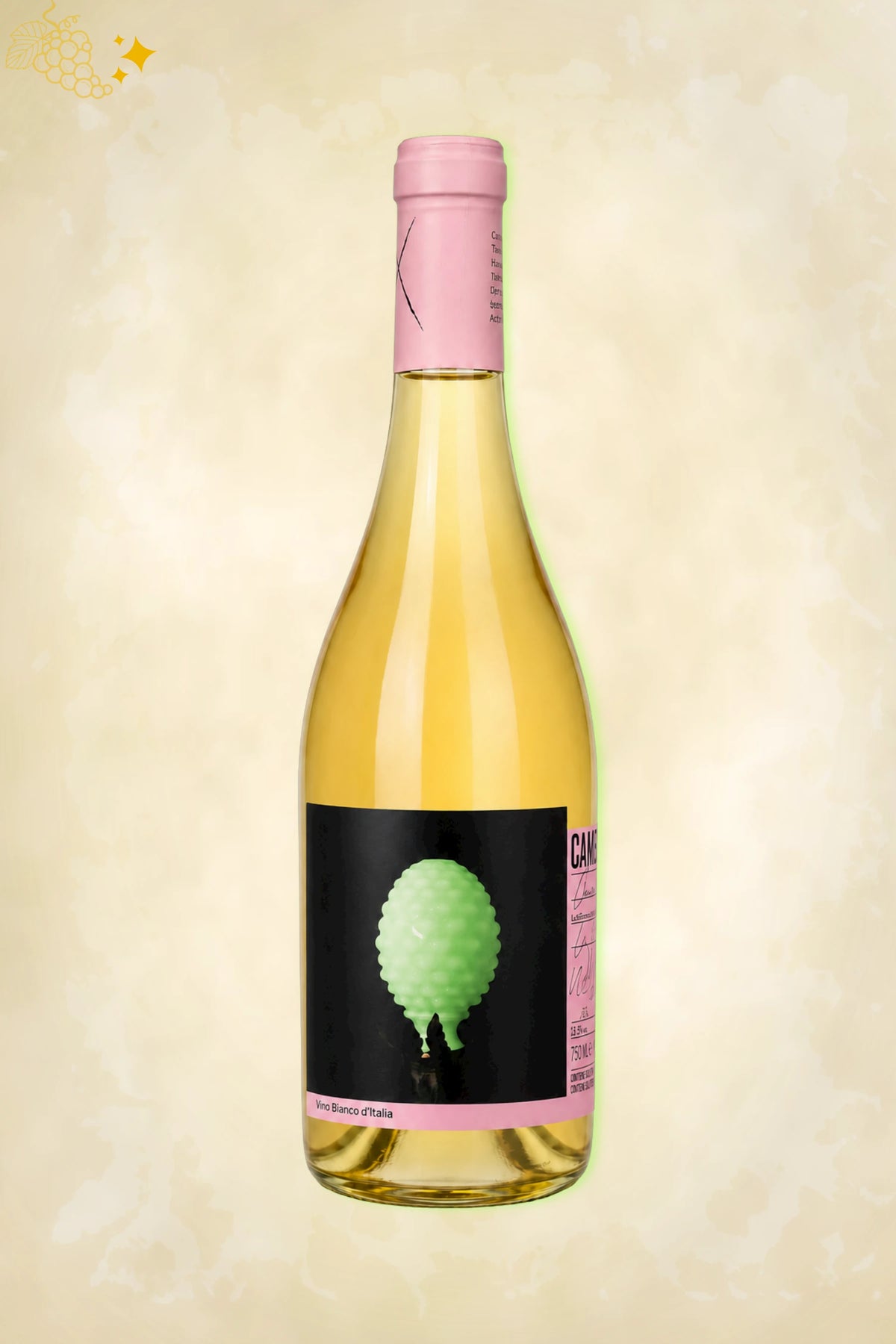 Fles Campi Deantera Campo Minimo Bianco 2024 met etiket van een groen keramiekornament op zwart.