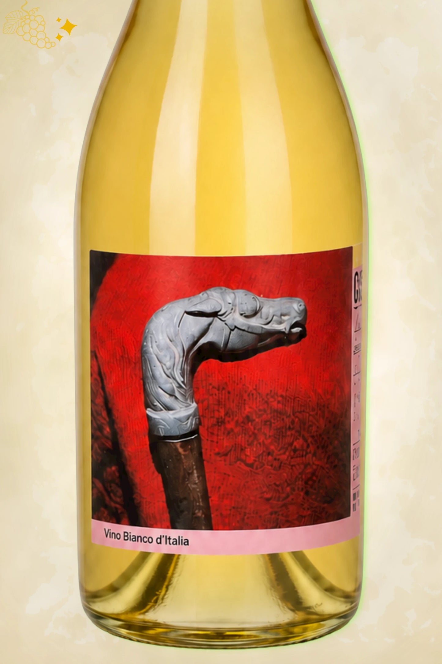 Close-up etiket Campi Deantera Campo Minimo Bianco 2024: stenen paardenkop op rood.