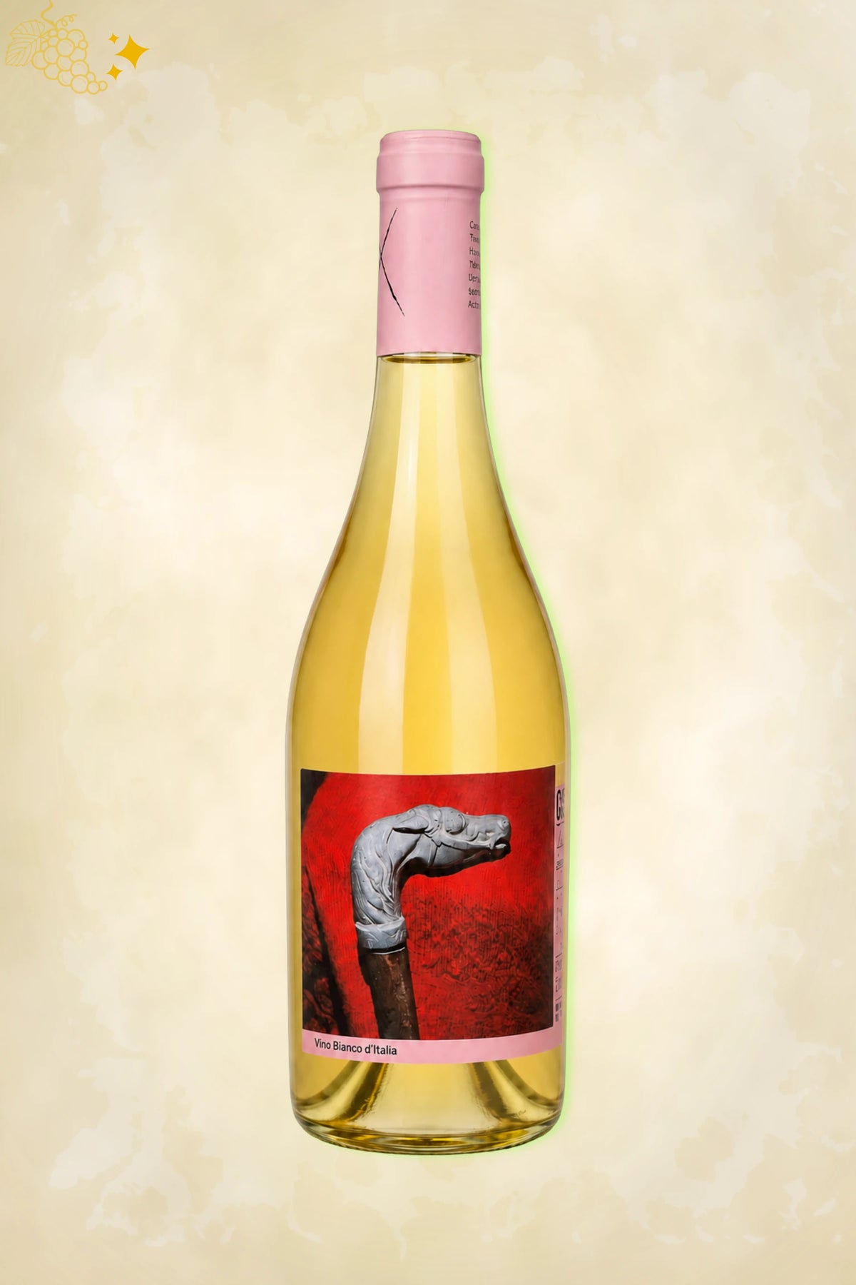 Fles Campi Deantera Campo Minimo Bianco 2024 met etiket van een stenen paardenkop op rood.