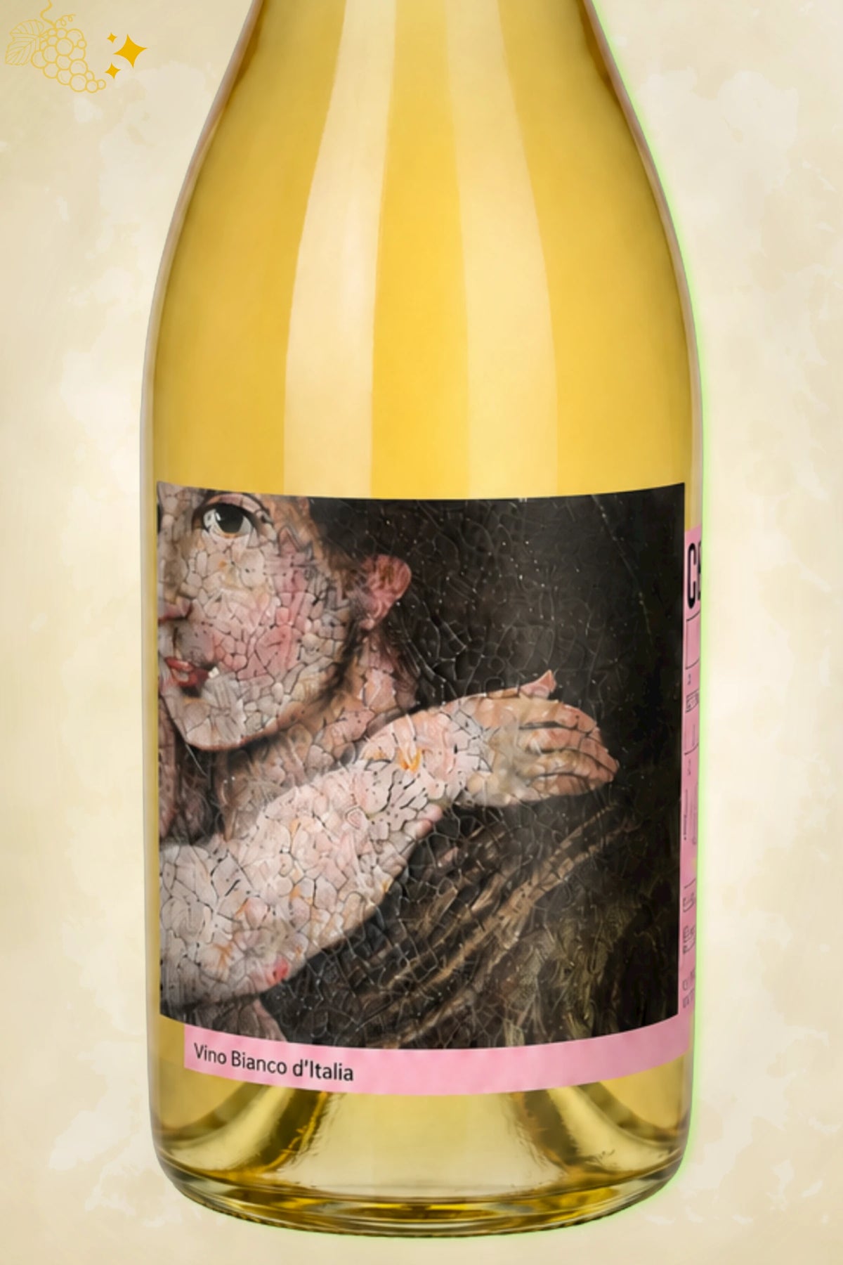 Close-up etiket Campi Deantera Campo Minimo Bianco 2024: verweerd fresco met vrouwenfiguur.