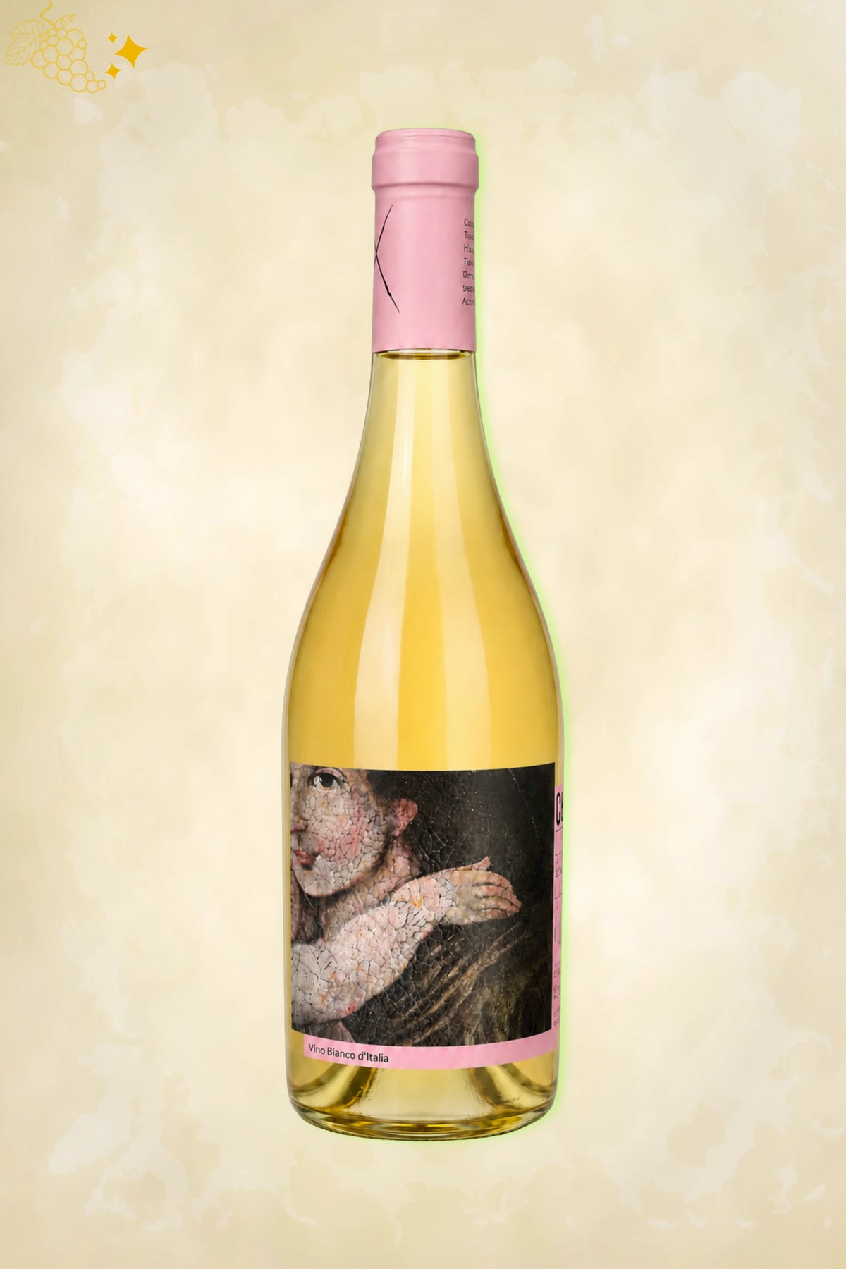 Fles Campi Deantera Campo Minimo Bianco 2024 met etiket van een verweerd fresco met vrouwenfiguur.