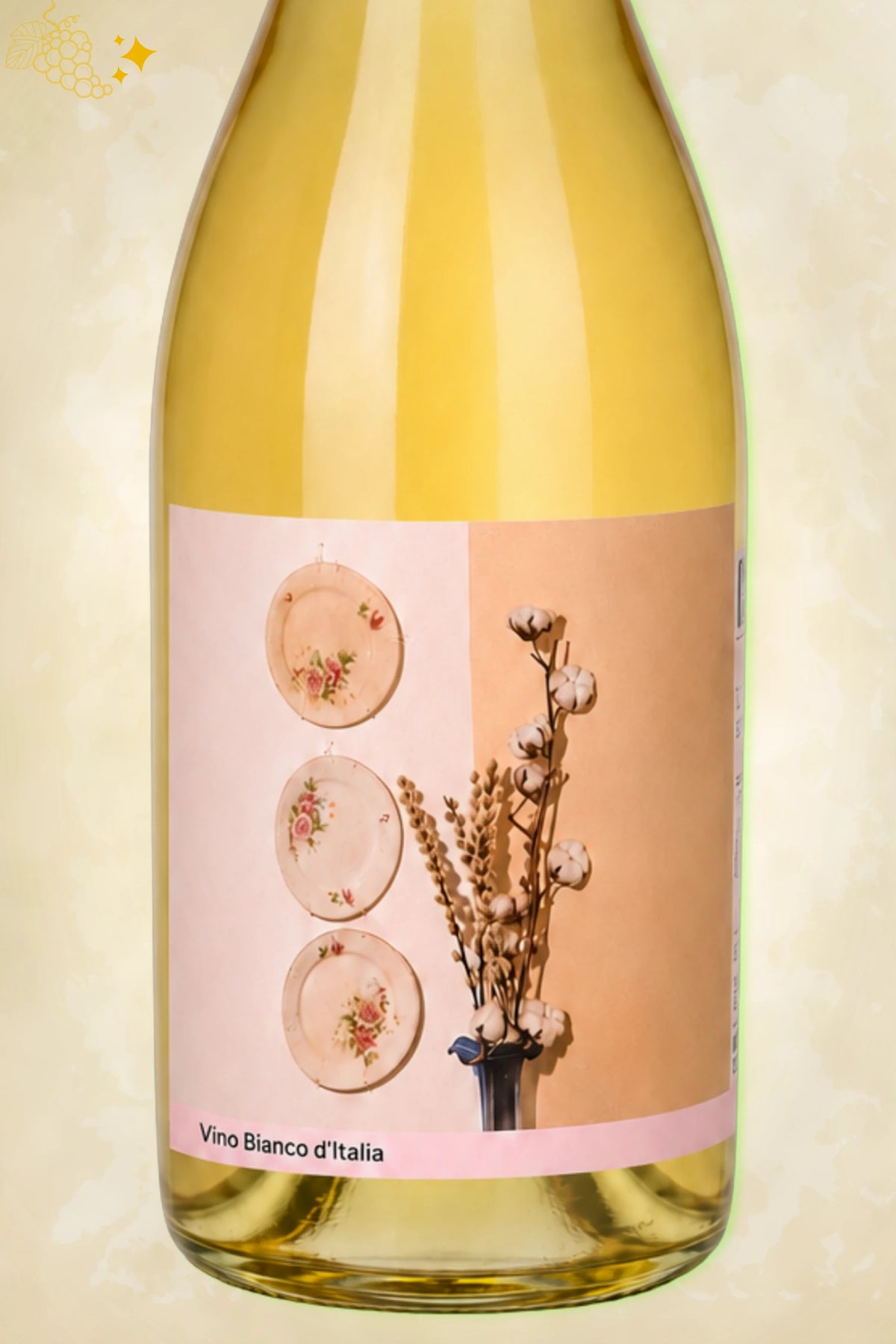 Close-up etiket Campi Deantera Campo Minimo Bianco 2024: stilleven met droogbloemen.
