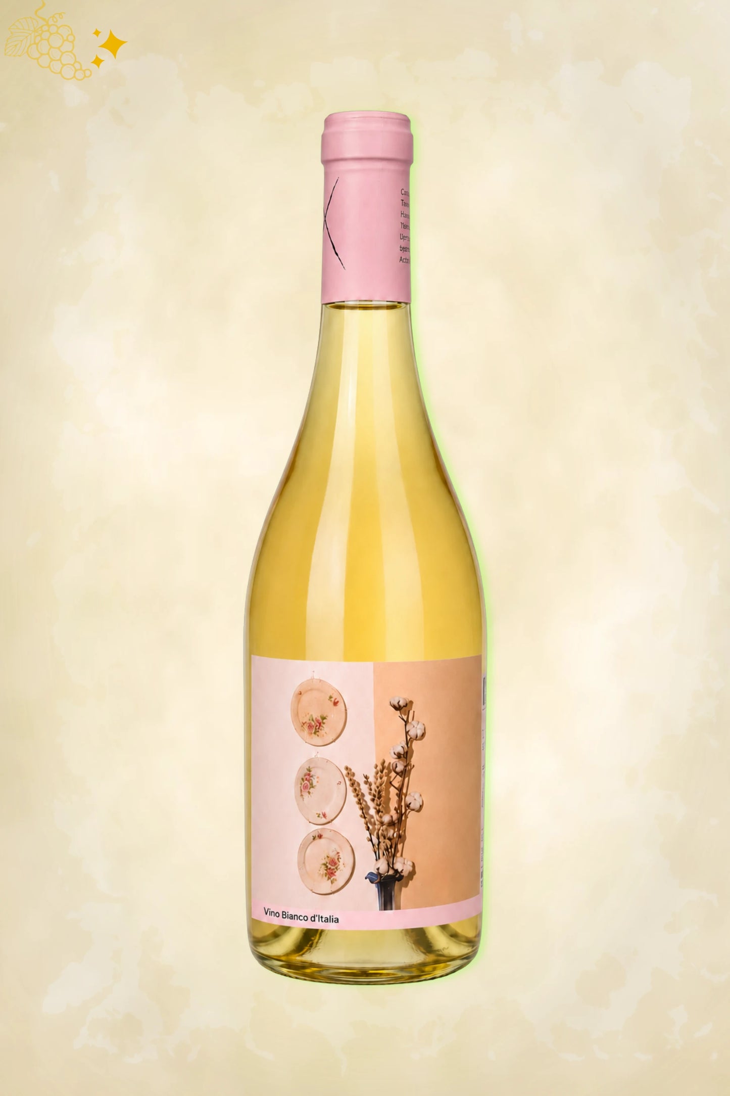 Fles Campi Deantera Campo Minimo Bianco 2024 met etiket van een stilleven met droogbloemen.