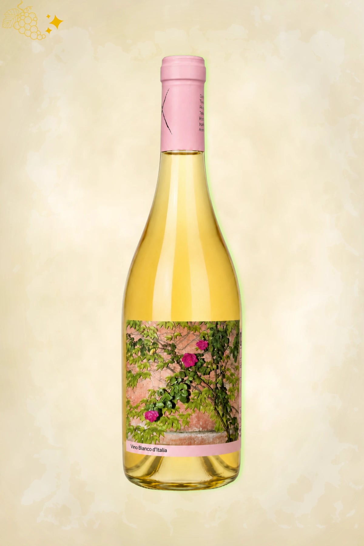 Fles Campi Deantera Campo Minimo Bianco 2024 met etiket van roze bloemen tegen een muur.