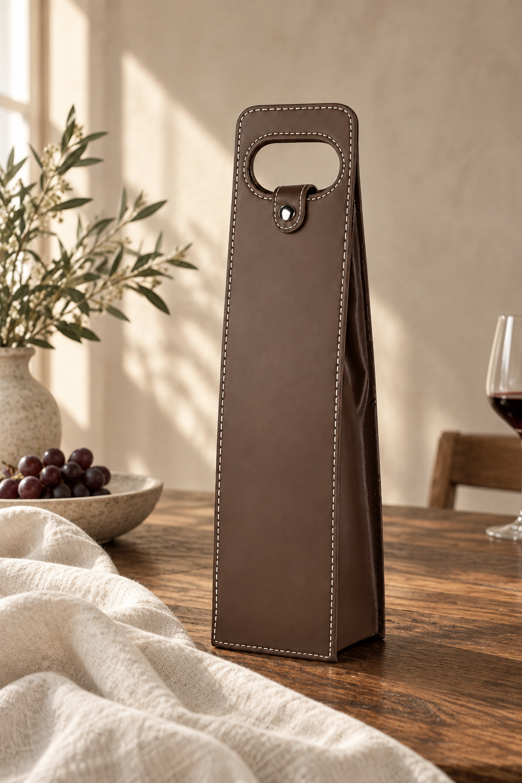 Bruine luxe wijn-geschenktas van faux leer op een houten tafel met druiven, olijftak en een glas rode wijn