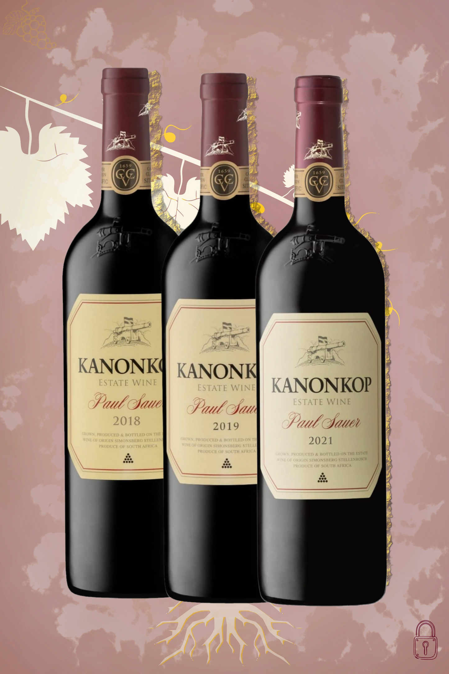 Kanonkop Paul Sauer Vertical 2018, 2019, 2021 tegen bordeaux achtergrond