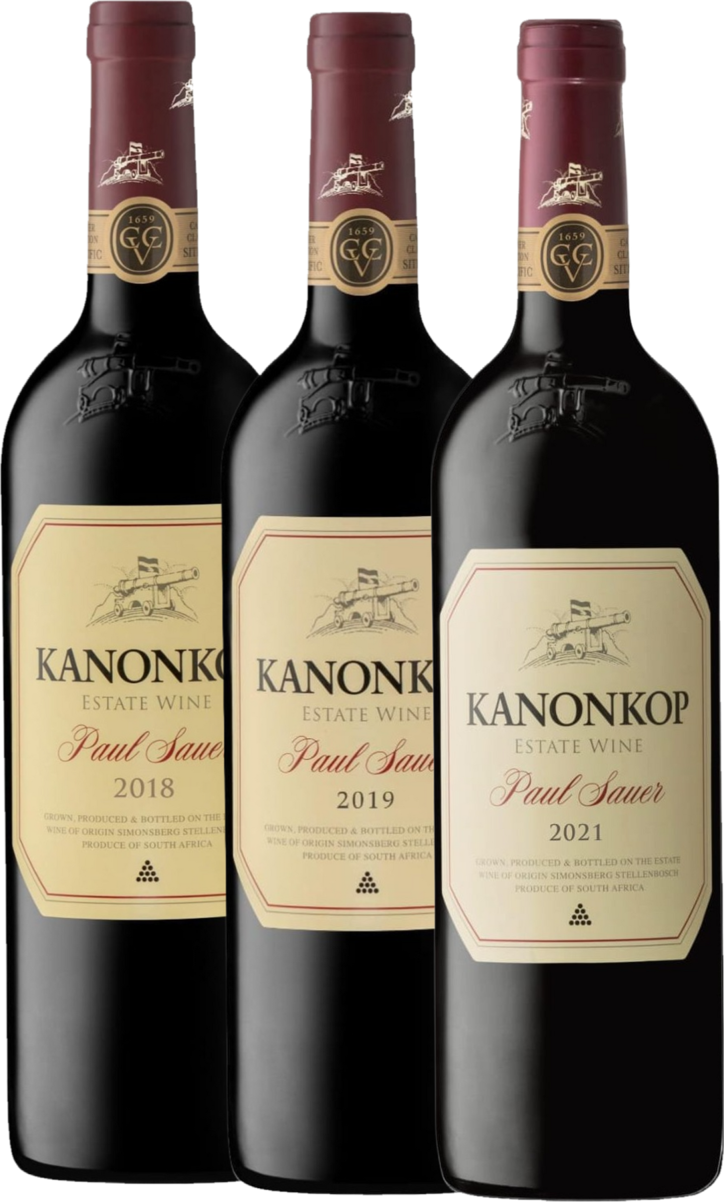 Kanonkop Paul Sauer Vertical 2018, 2019, 2021 tegen bordeaux achtergrond