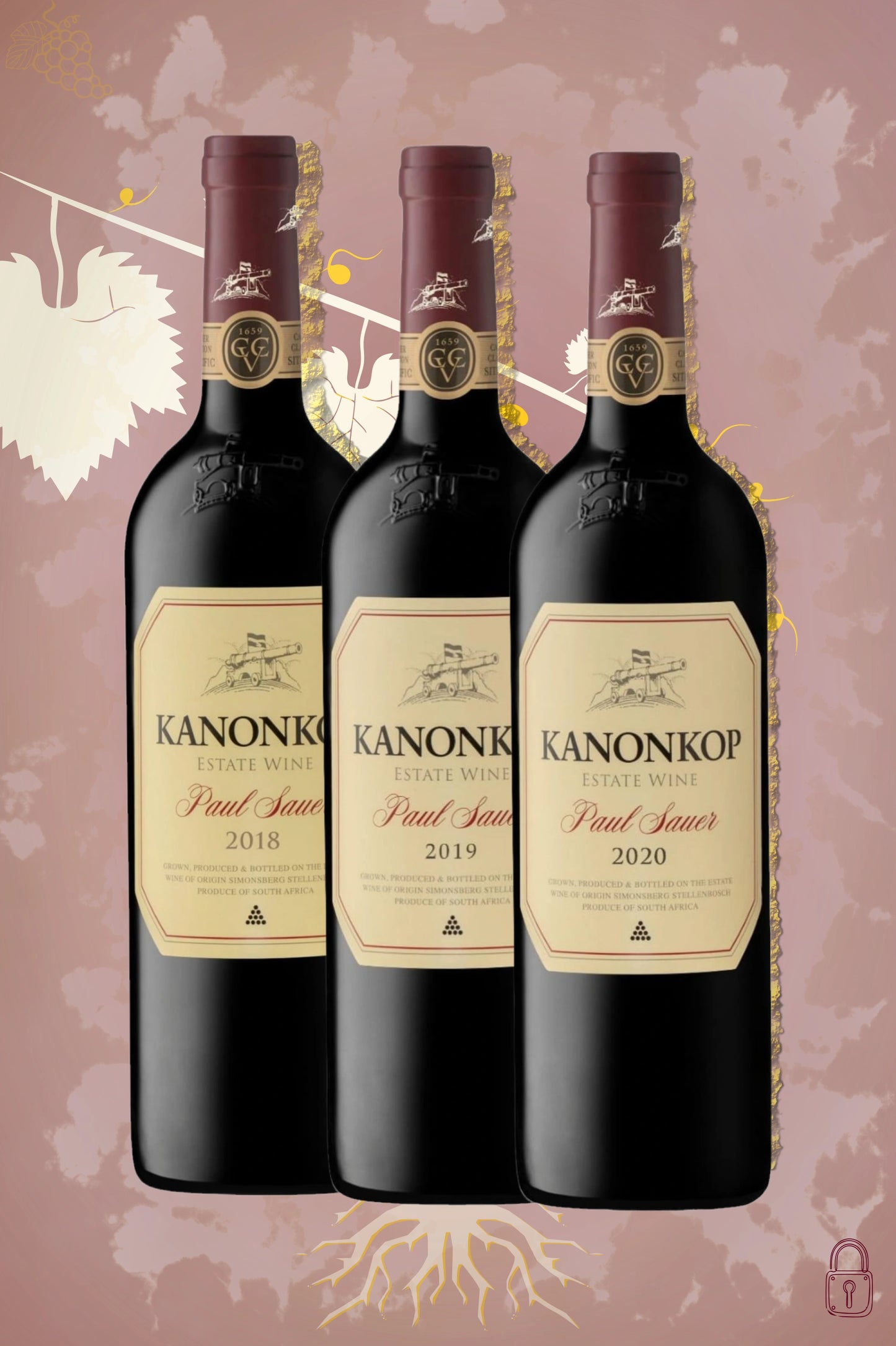 Kanonkop Paul Sauer Vertical 2018 2019 2020 tegen bordeaux achtergrond – premium rode wijn