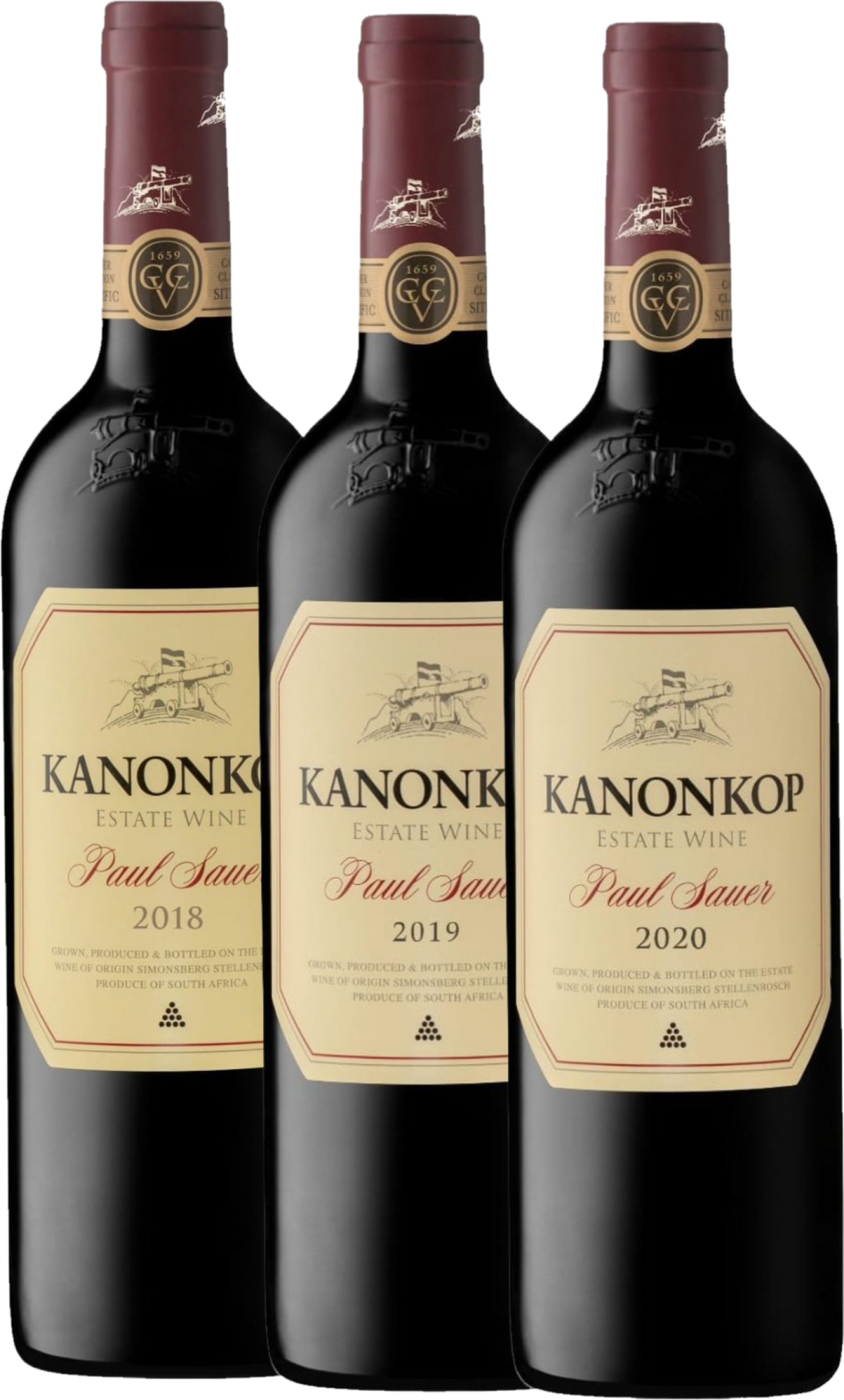 Kanonkop Paul Sauer Vertical 2018 2019 2020 tegen bordeaux achtergrond – premium rode wijn
