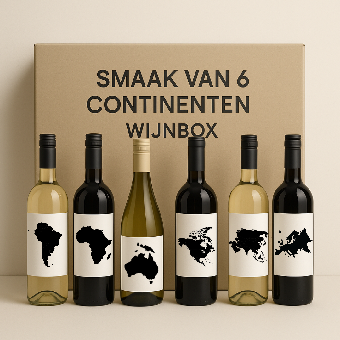 Smaak van 6 Continenten wijnbox met zes flessen wijn uit Europa, Afrika, Azië, Noord-Amerika, Zuid-Amerika en Oceanië