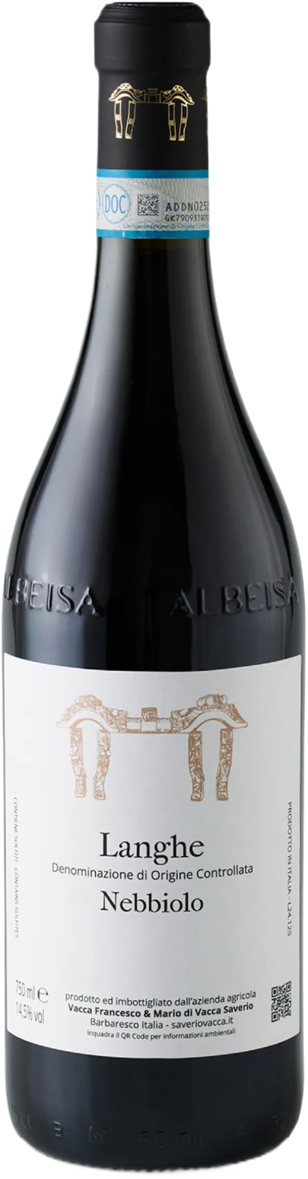 Vrijstaande rode wijnfles – Saverio Vacca Langhe Nebbiolo 2020 zonder achtergrond