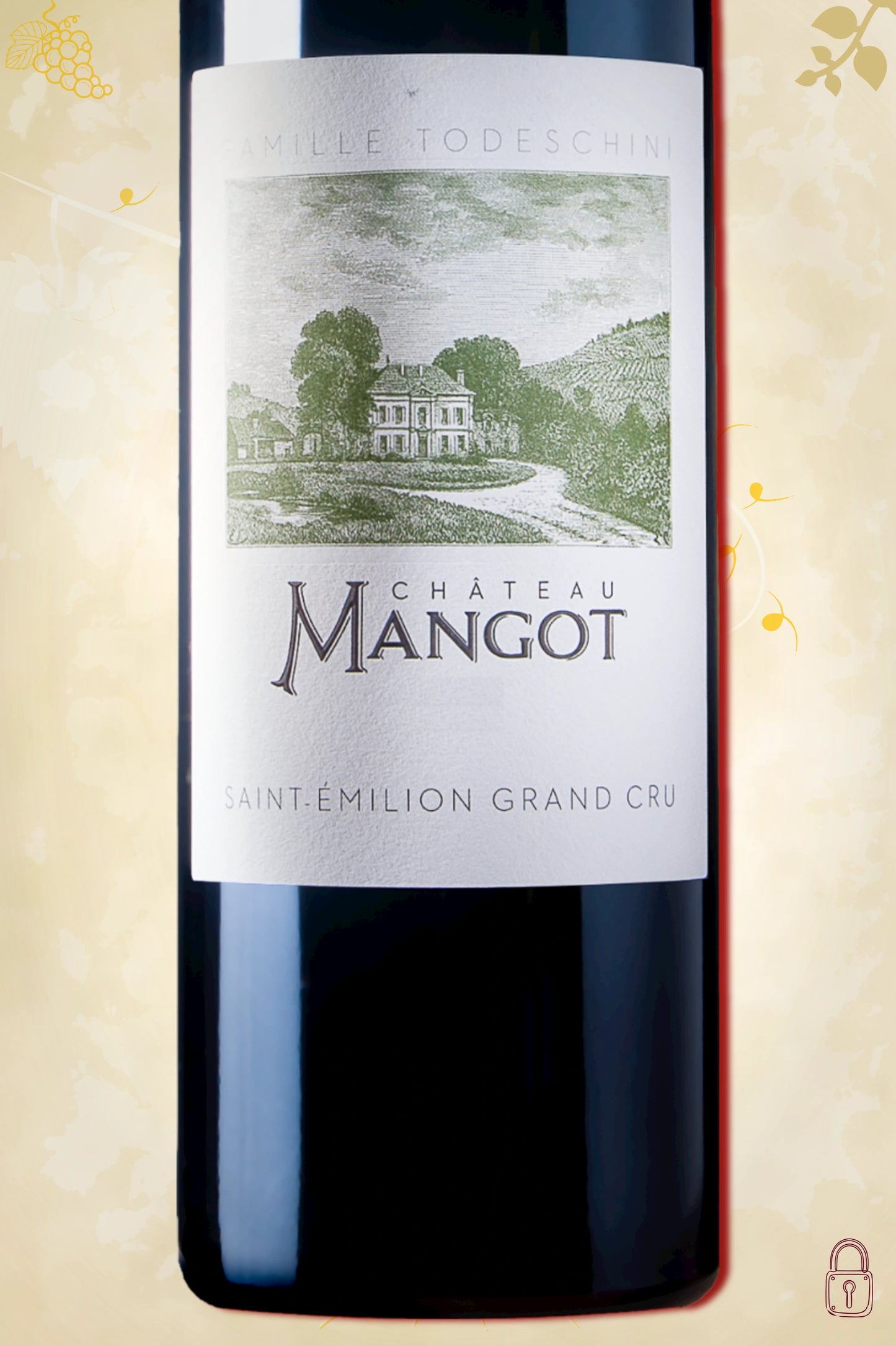 Label zoom: Château Mangot (2020) – logo en tekst scherp zichtbaar