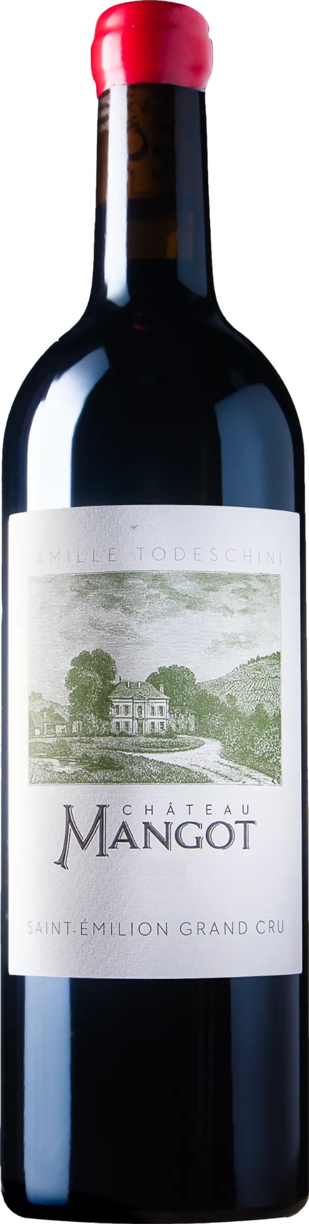 Fles Château Mangot (2020) zonder achtergrond – rode wijn zichtbaar in detail