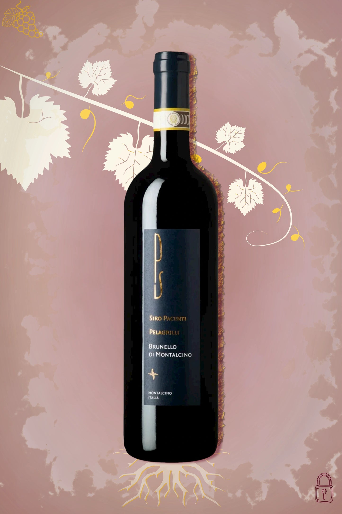 Fles Siro Pacenti – Pelagrilli Brunello di Montalcino (2019) – rode wijn in rode setting