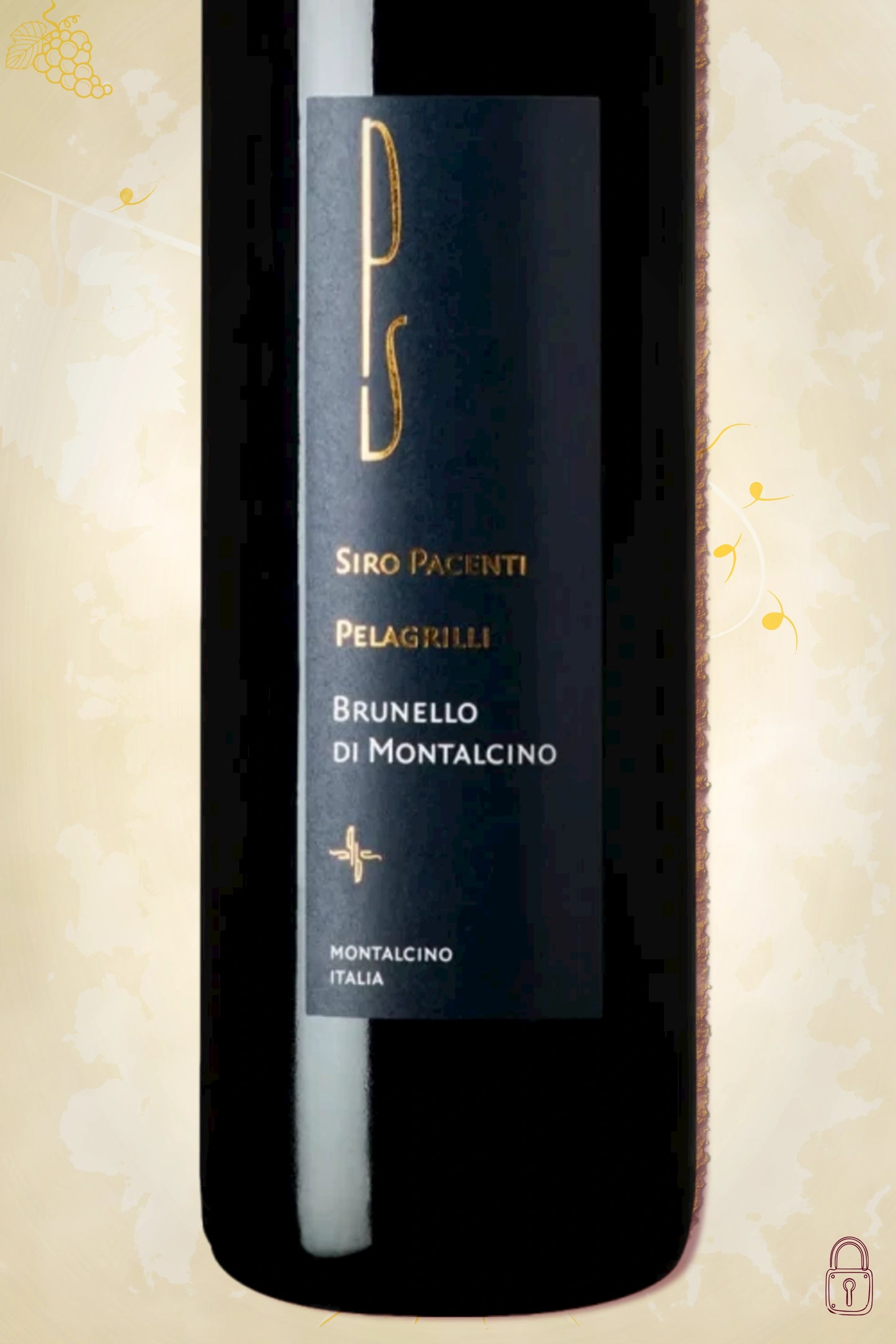 Close‑up etiket: Siro Pacenti – Pelagrilli Brunello di Montalcino (2019) – volledige weergave op beige achtergrond