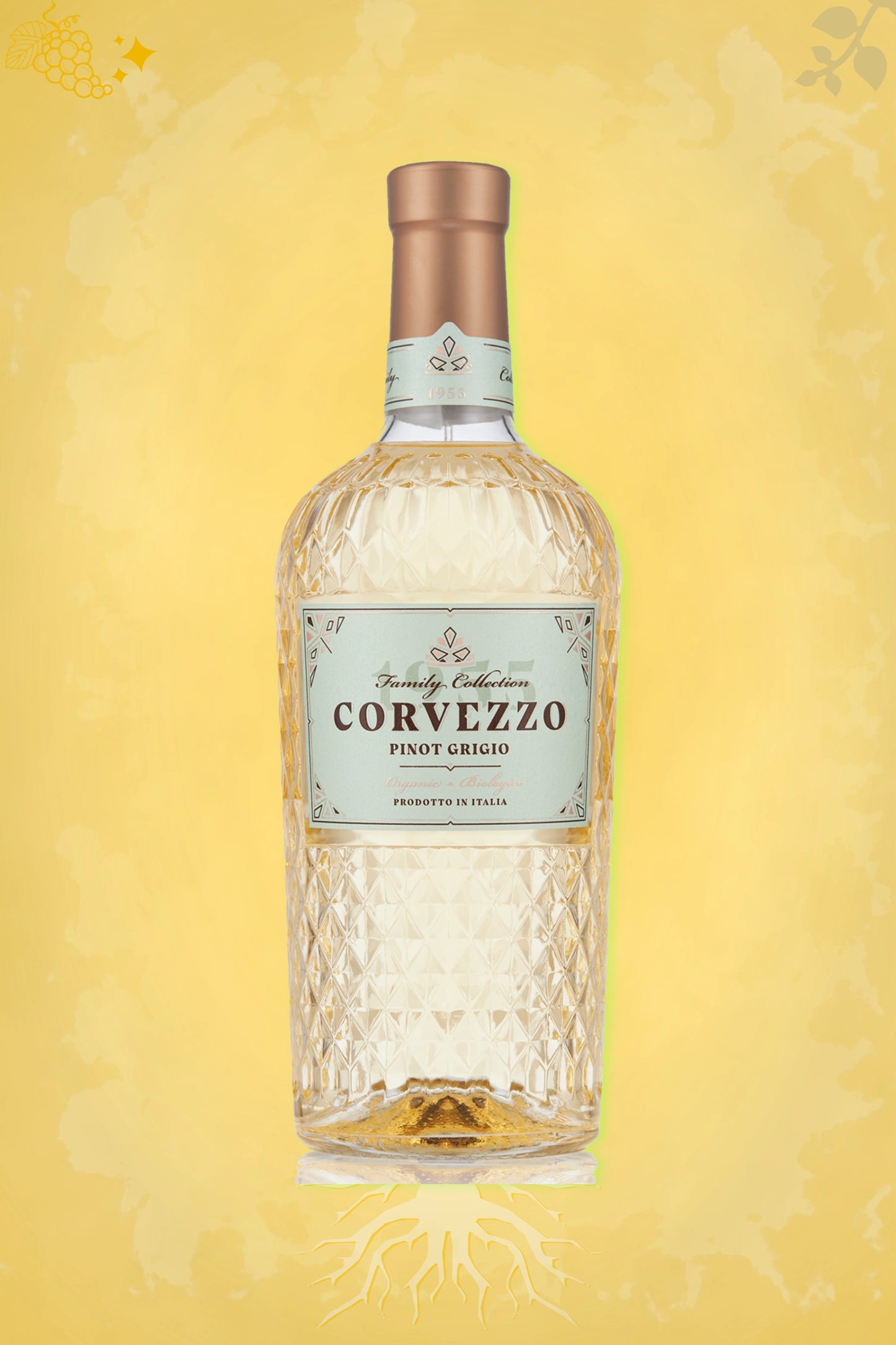 Fles Corvezzo – Pinot Grigio (2024) – witte wijn in gouden setting