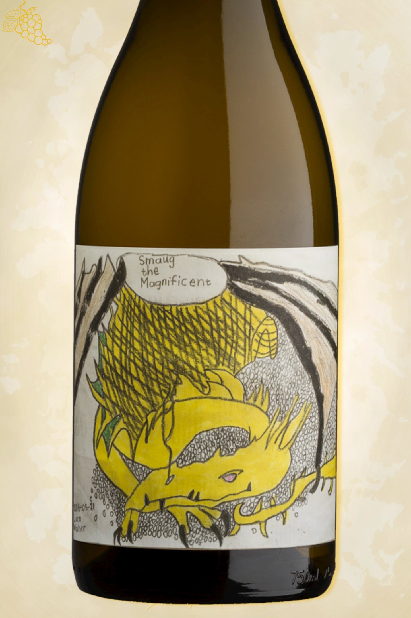 Etiket close‑up van Blank Bottle – Smaug the Magnificent (2021) – focus op logo tegen beige achtergrond