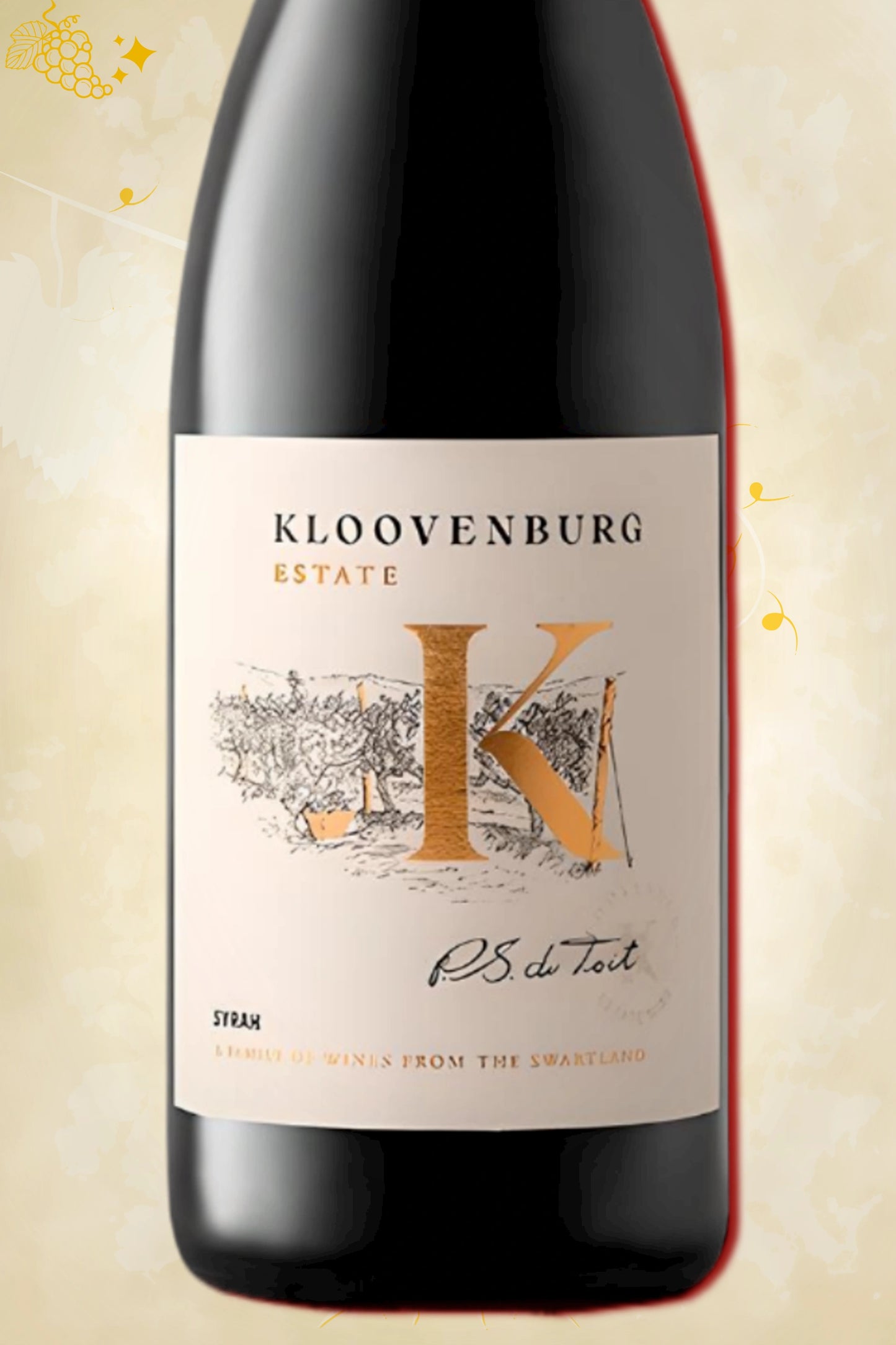 Detail etiket Kloovenburg – Syrah (2018) – rode wijn herkenbaar op beige achtergrond
