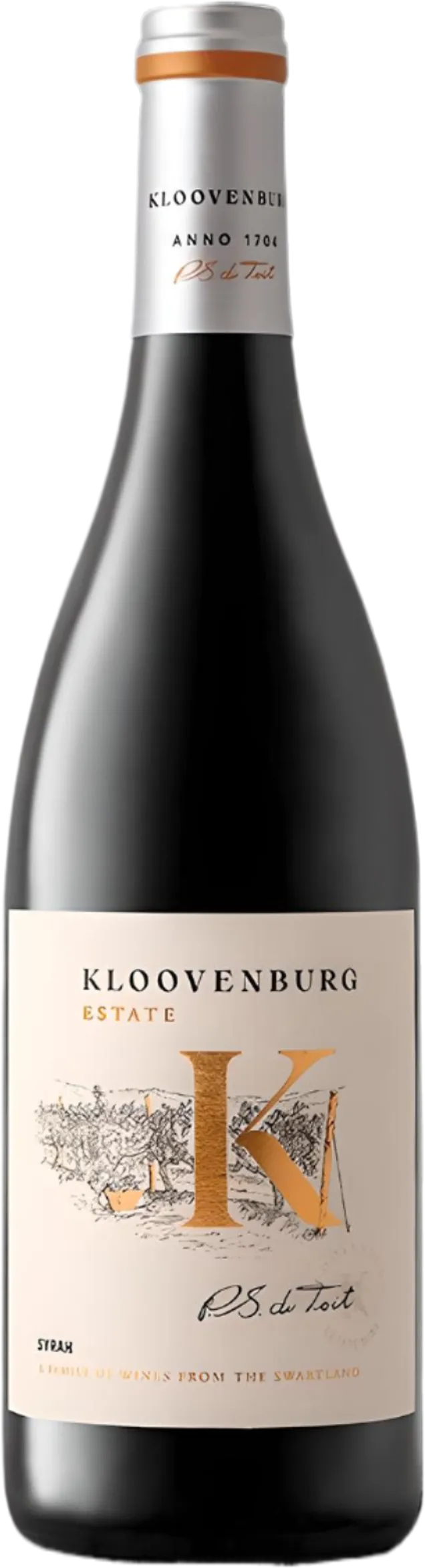 Fles Kloovenburg – Syrah (2018) zonder achtergrond – rode wijn zichtbaar in detail