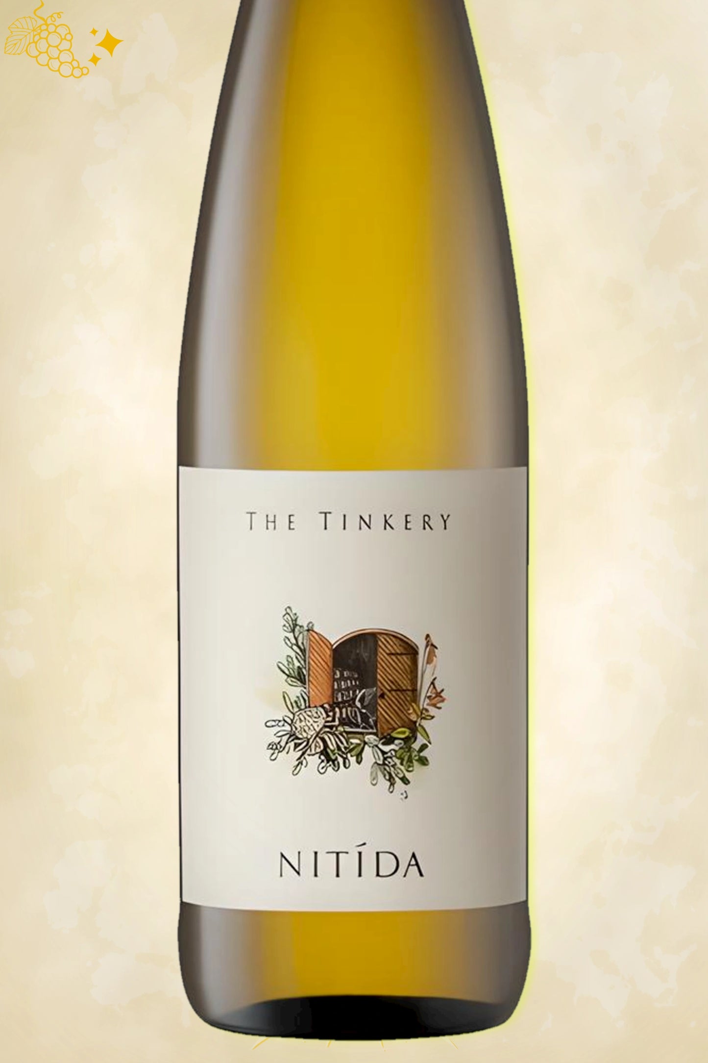🔍 Nitida – The Tinkery Gewurztraminer (2023) – close‑up etiket detail op beige achtergrond