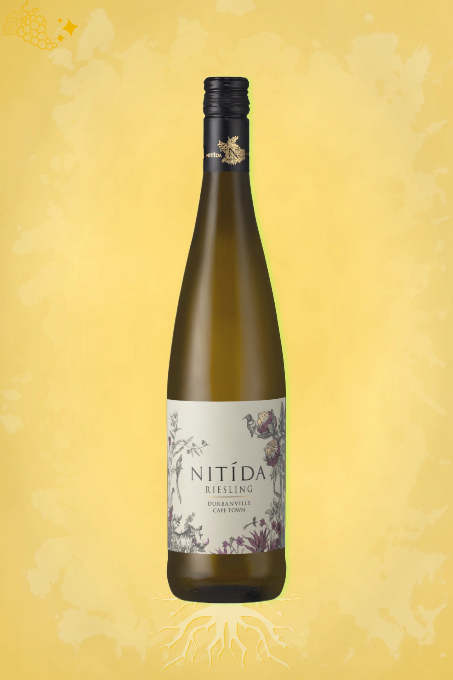 Fles Nitida – Riesling (2023) – witte wijn in gouden setting