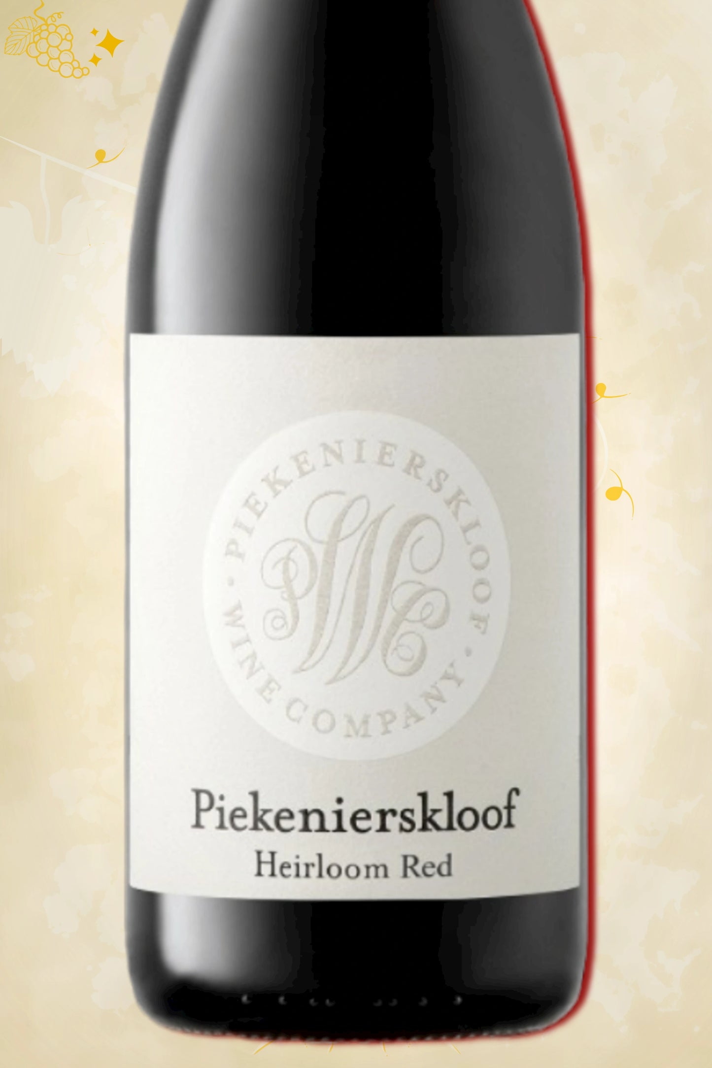 🔍 Piekenierskloof – Heirloom Red (2021) – close‑up etiket detail op beige achtergrond