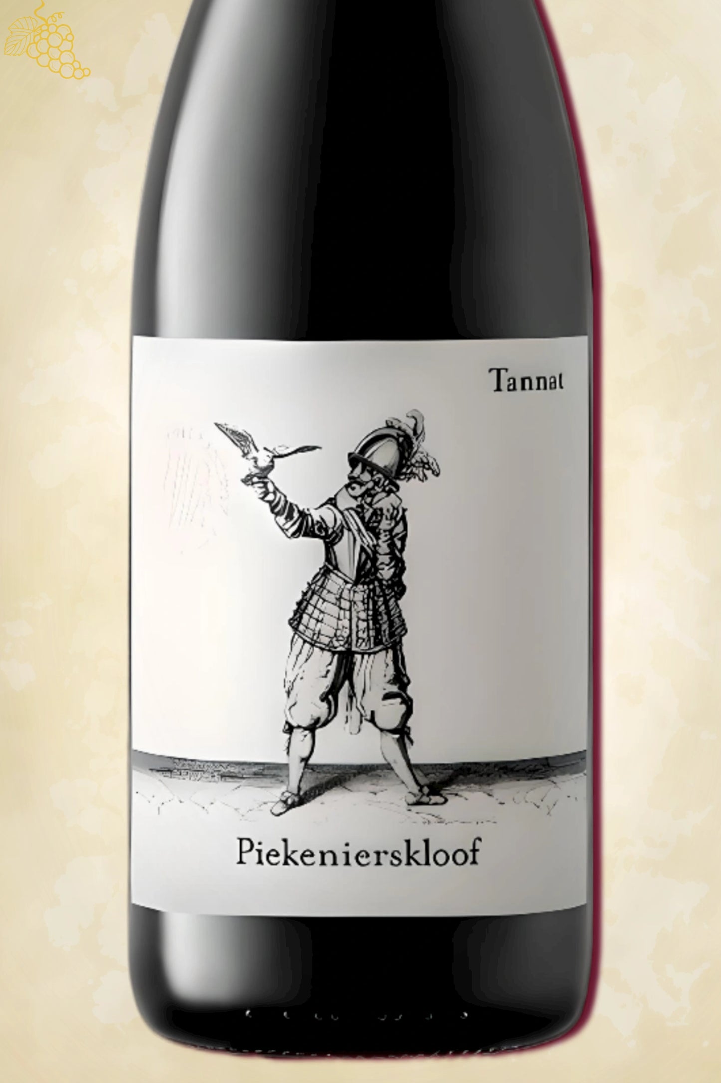Etiket close‑up van Piekenierskloof – Tannat (2022) – focus op logo tegen beige achtergrond