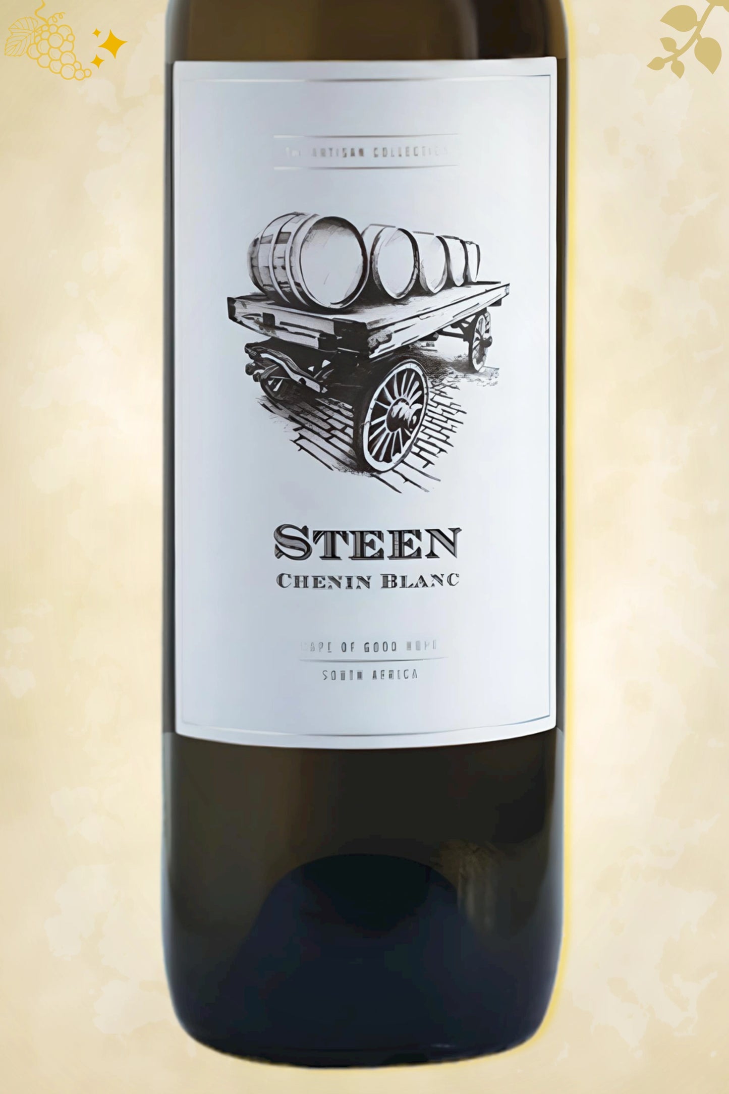 Close‑up etiket: The Artisan Collection – Steen Chenin Blanc (2023) – volledige weergave op beige achtergrond