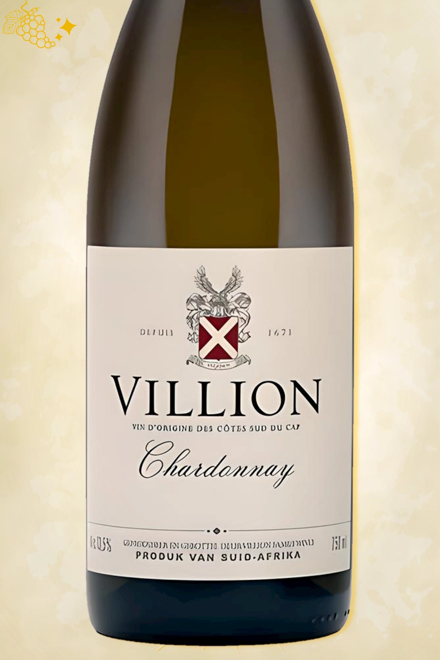 Label zoom: Villion – Chardonnay (2022) – logo en tekst scherp zichtbaar