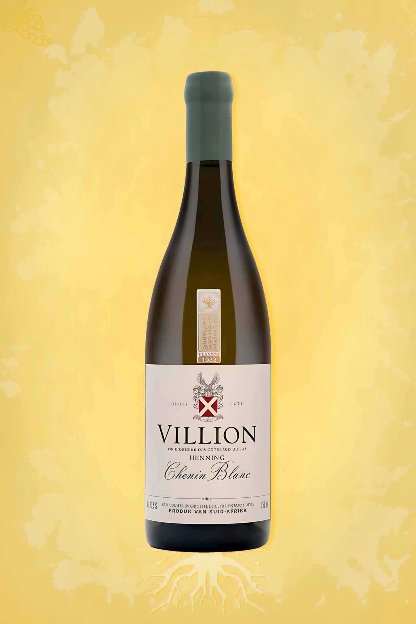 Fles Villion – Chenin Blanc (2023) – witte wijn in gouden setting