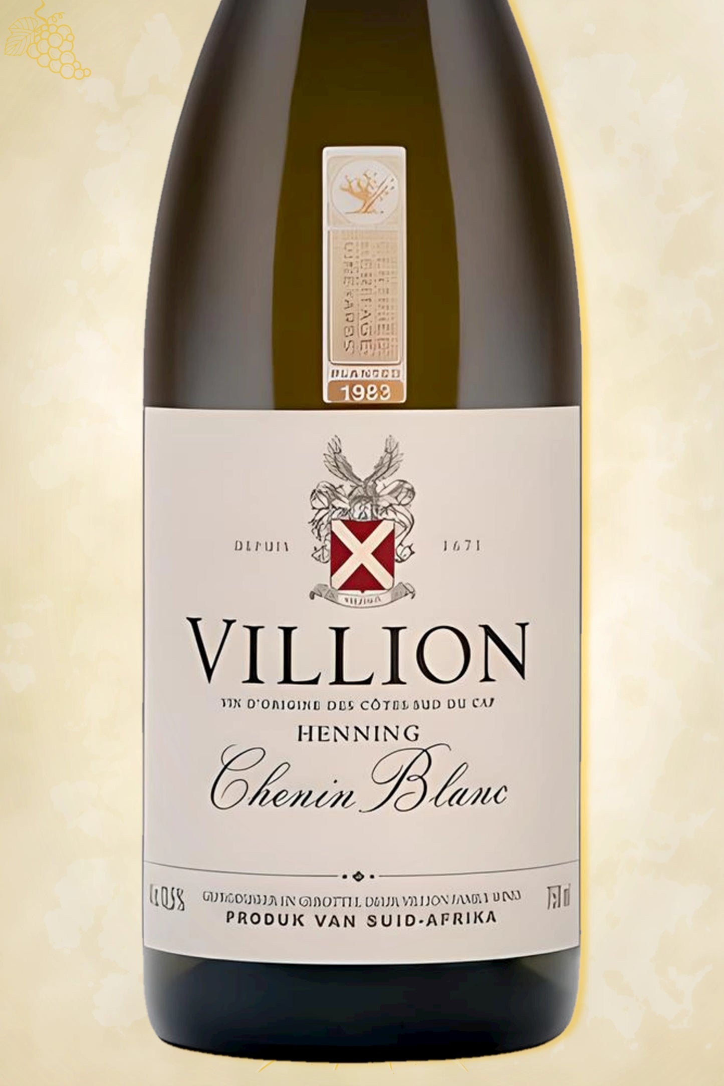 Ingezoomd label: Villion – Chenin Blanc (2023) – ontwerpdetails op beige achtergrond
