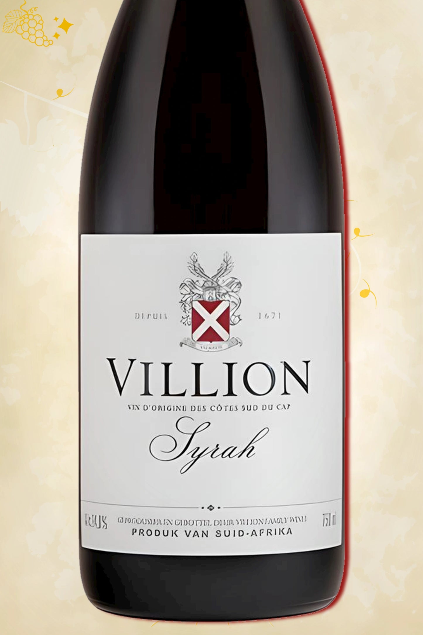 Detail etiket Villion – Syrah (2020) – rode wijn herkenbaar op beige achtergrond