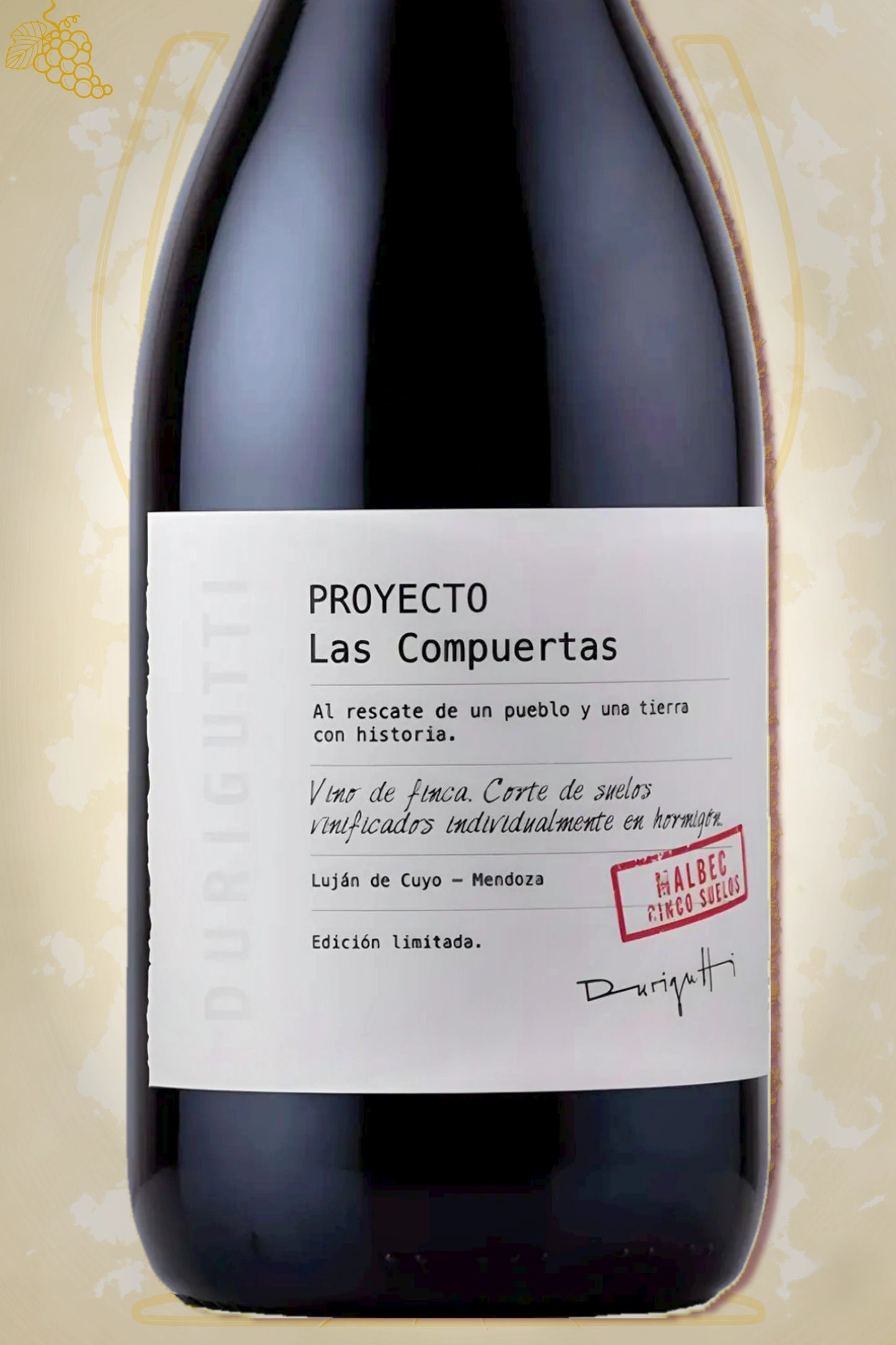 Close-up etiket Durigutti Proyecto Las Compuertas 5 Suelos Malbec 2023