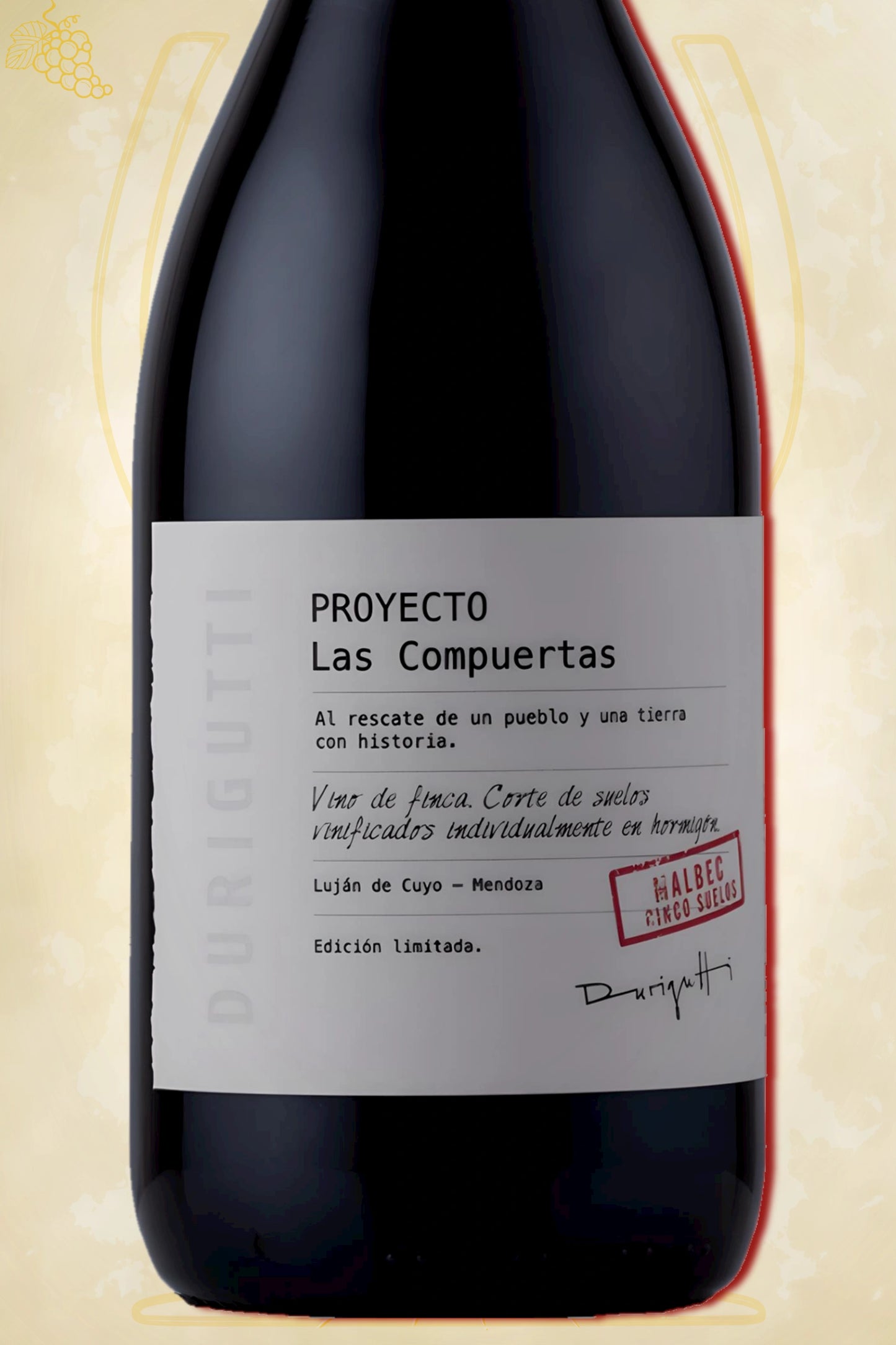 Close-up etiket Durigutti Proyecto Las Compuertas 5 Suelos Malbec 2023