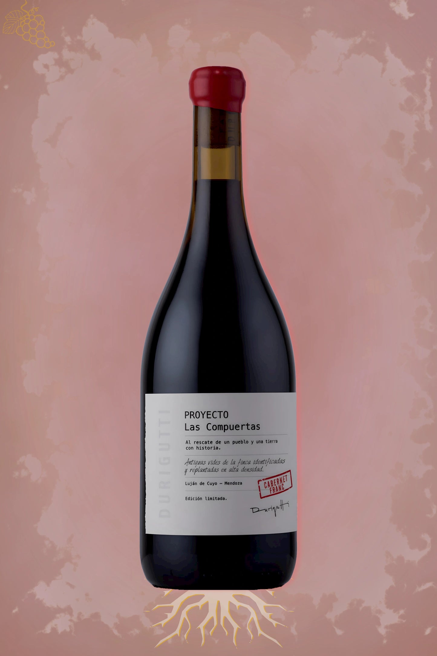 Durigutti – Proyecta las Compuertas Cabernet Franc (2022) – robijnrode rode wijn tegen rode achtergrond