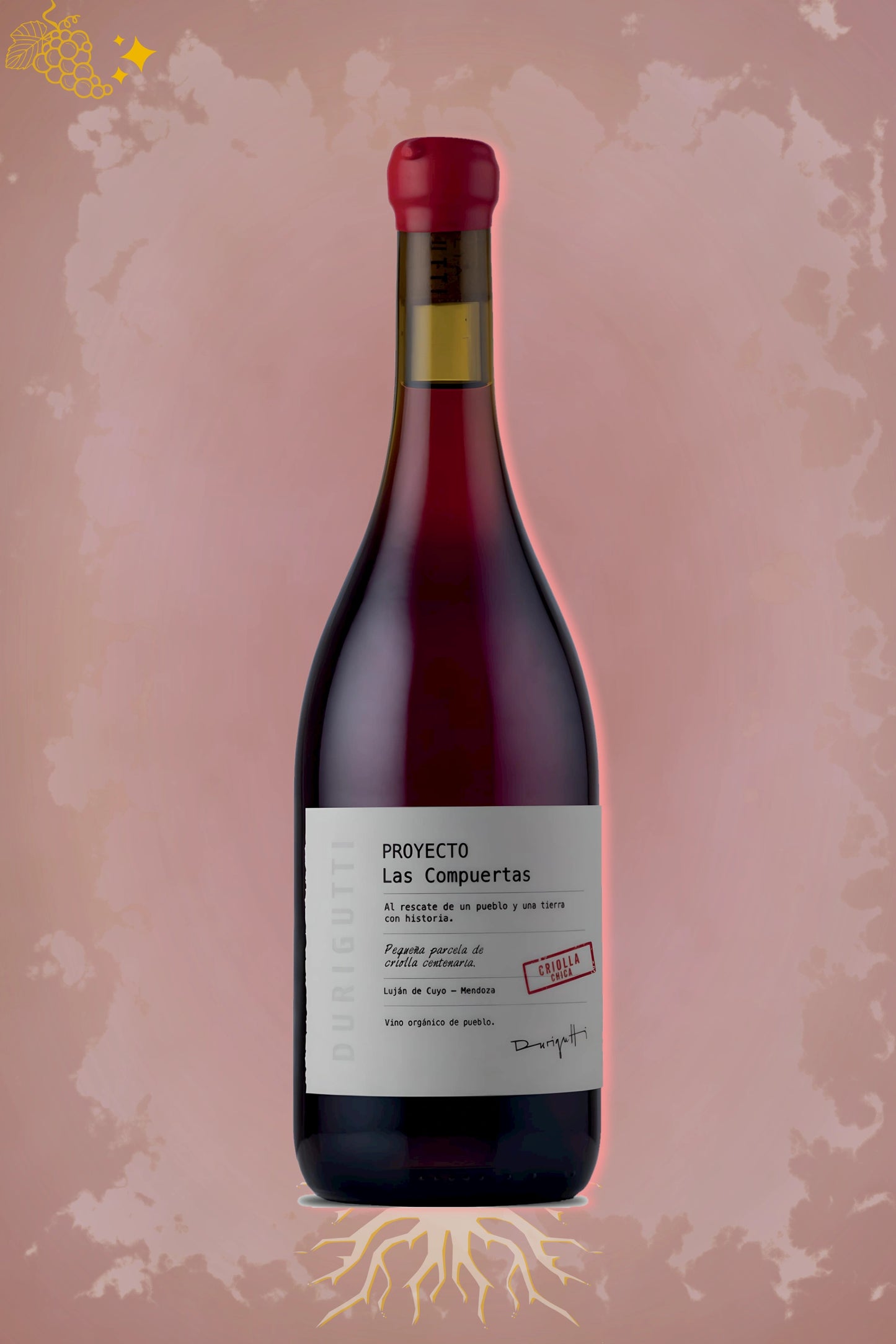 🍷 Durigutti – Proyecta las Compuertas Criolla Chica (2024) – rode wijn tegen rode achtergrond