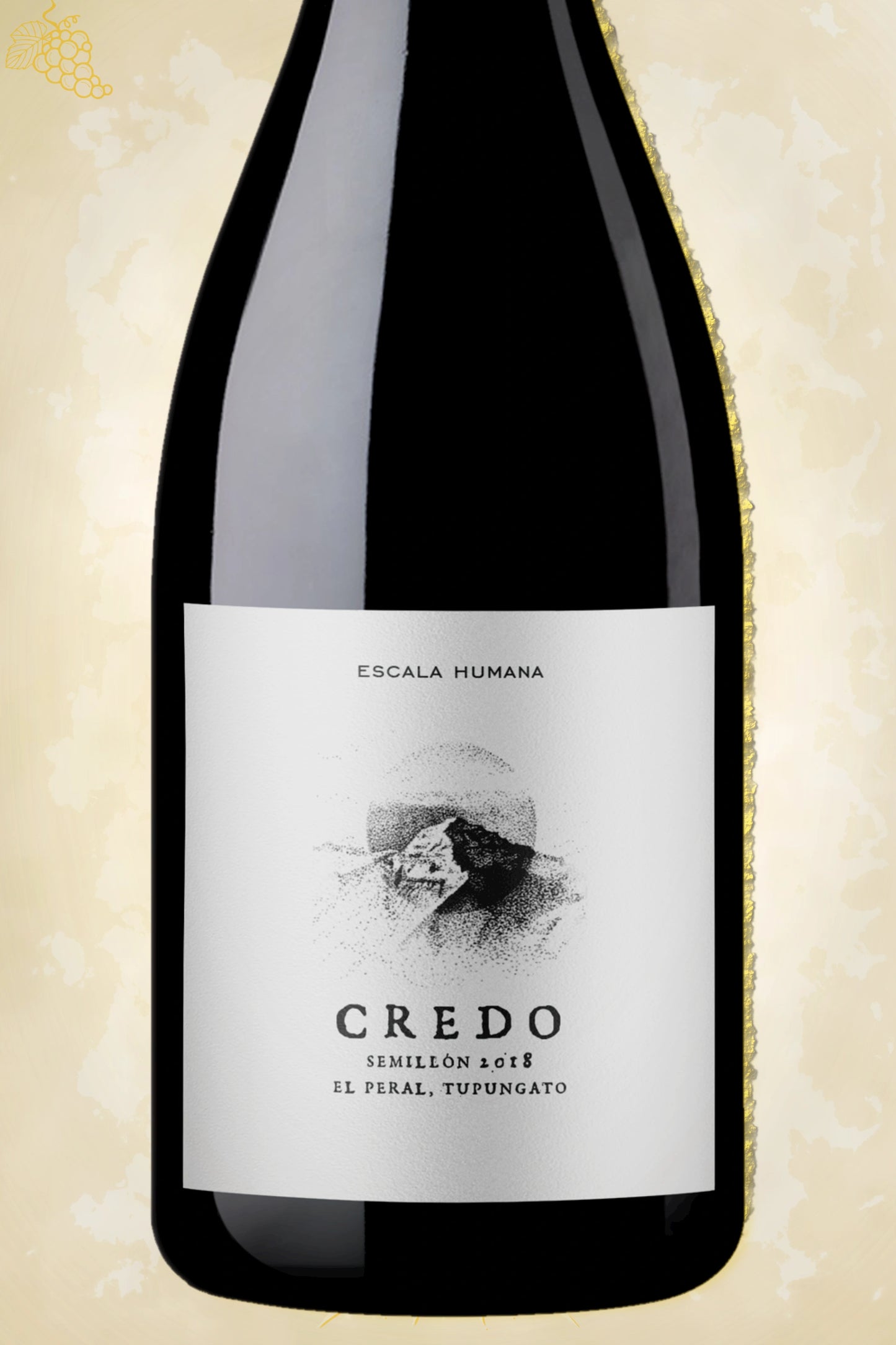 Fijn detail etiket Escala Humana – Credo Sémillon (2021) tegen beige achtergrond