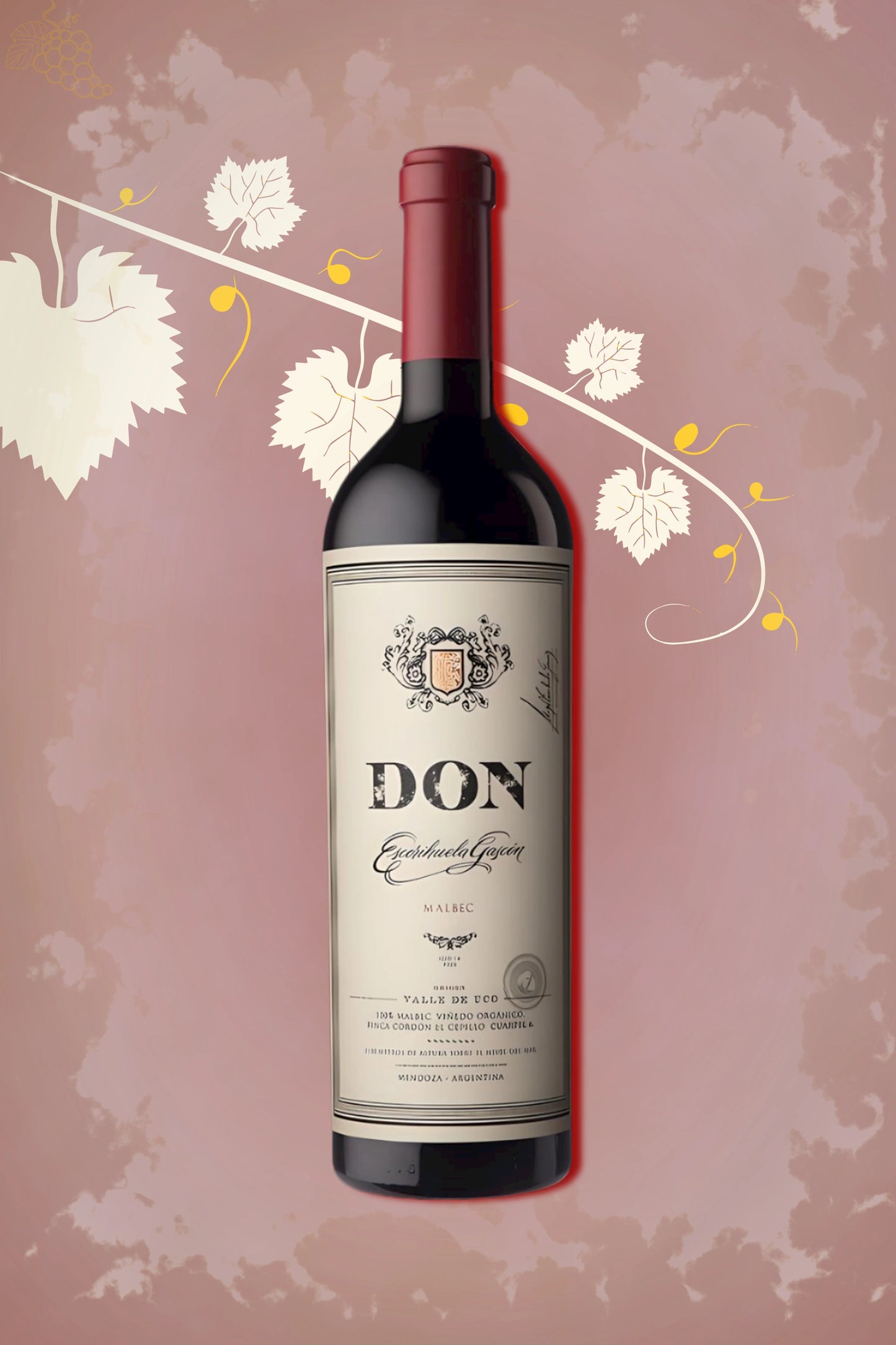 Exclusieve Escorihuela Gascón – DON Malbec (2021) tegen rode achtergrond